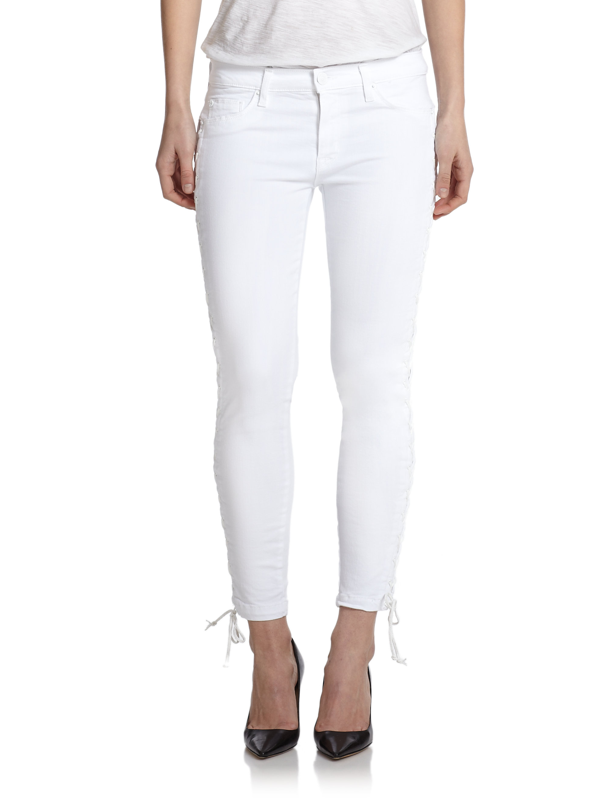 Hudson jeans Raven Lace-up Cropped Super Skinny Jeans in White | Lyst