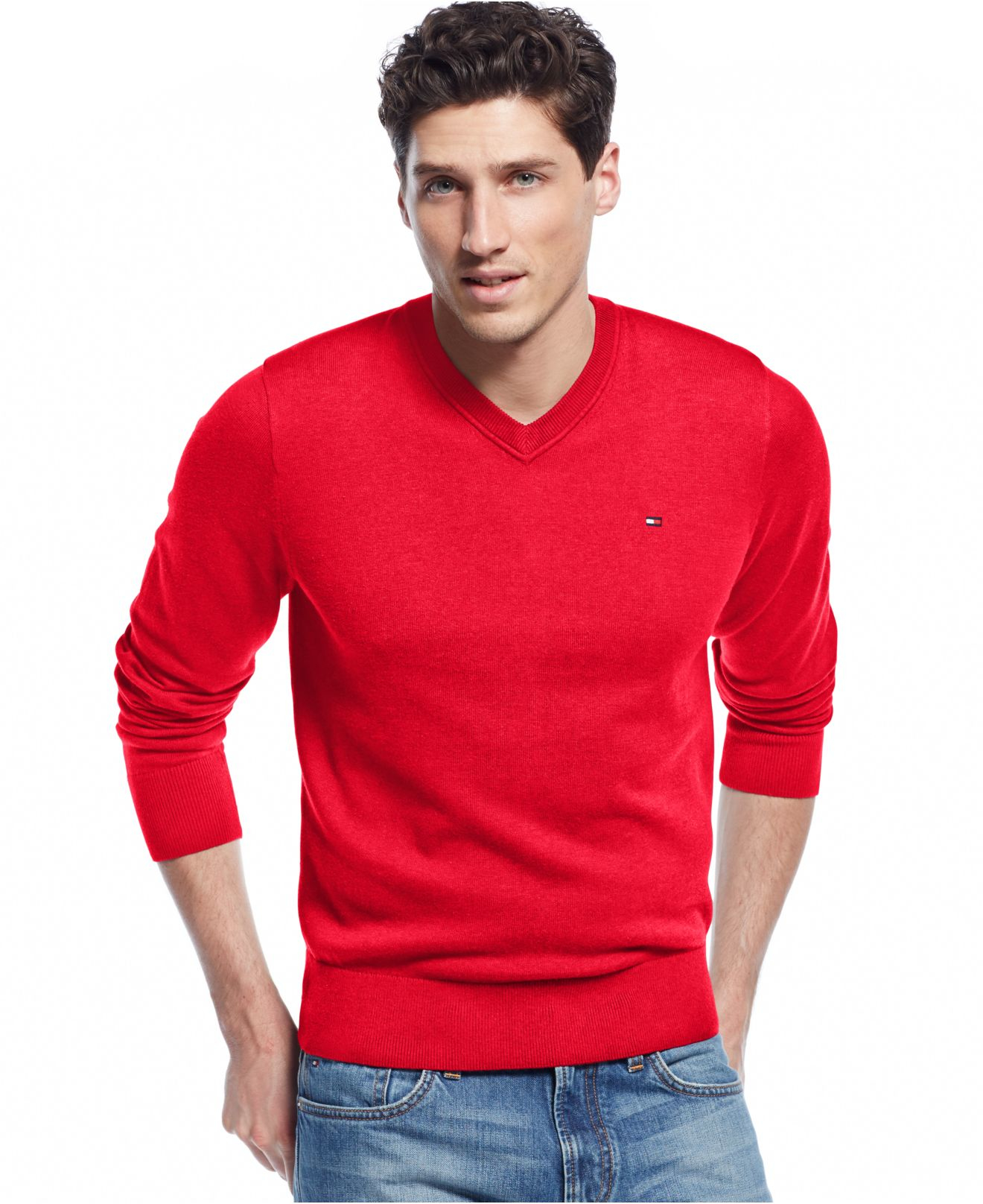Lyst - Tommy Hilfiger Signature Solid V-neck Sweater in Red for Men