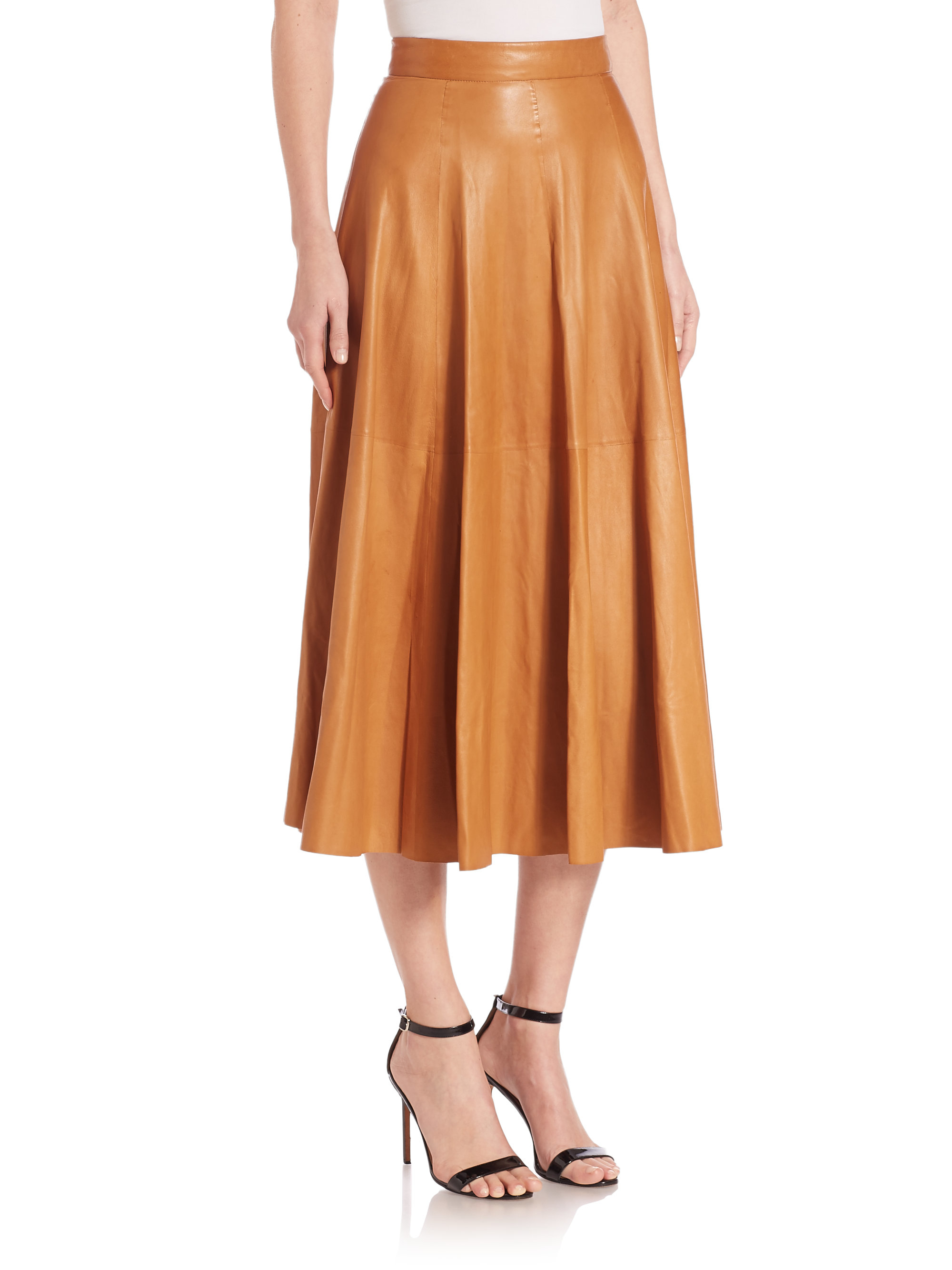 Ralph Lauren Collection Roxana Leather Midi Skirt in Yellow - Lyst