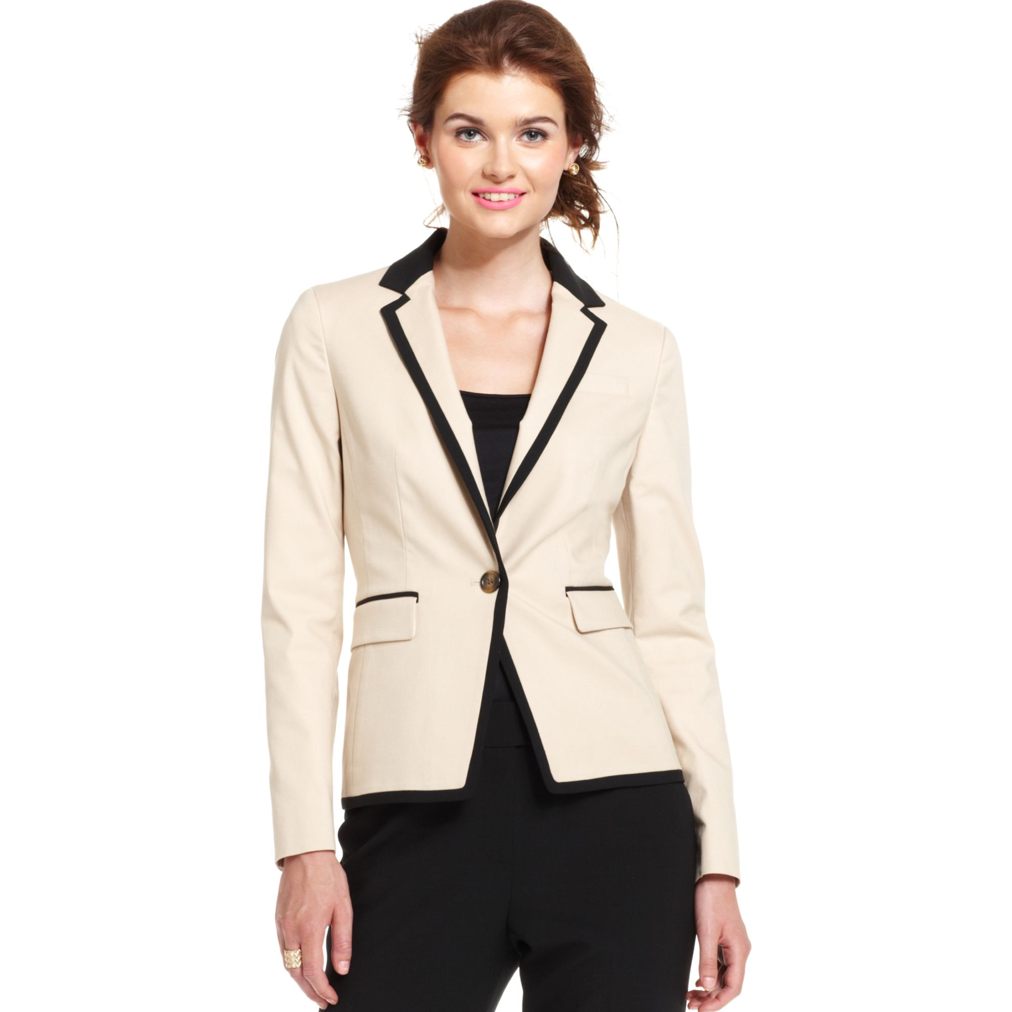 Anne klein Singlebutton Contrasttrim Blazer in Natural | Lyst