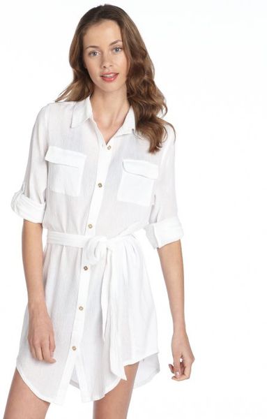 Calvin Klein Cotton Button Down Shirt Dress Cover Up in White | Lyst