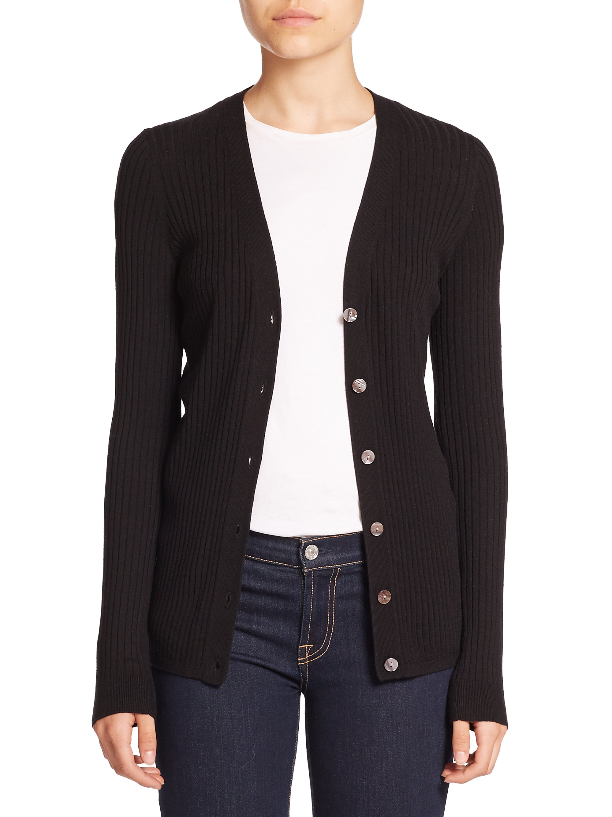 Lyst - Vince Skinny Rib Cotton Cardigan In Black