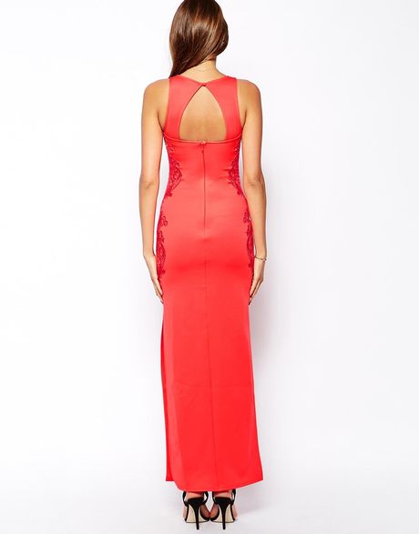 Lipsy Halterneck Maxi Dress With Lace Side Panels in Red (Coral) | Lyst