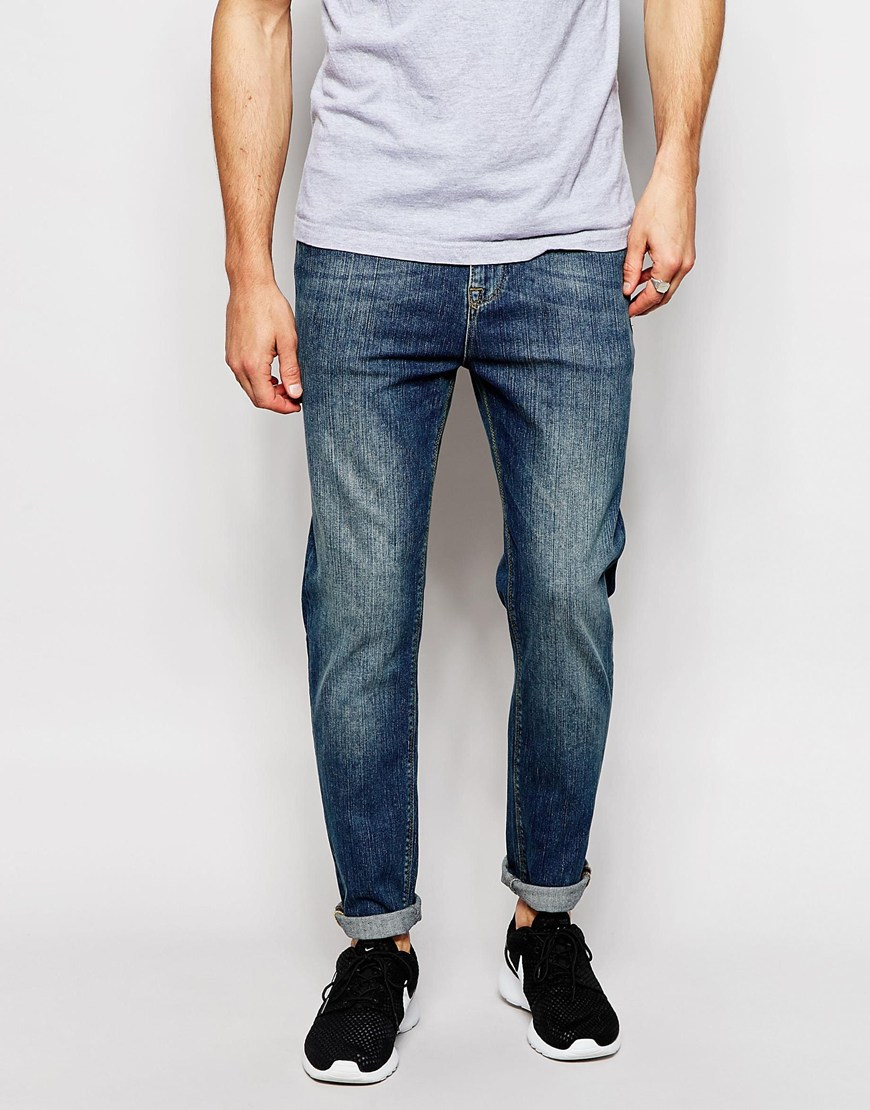 Asos Tapered Jeans In Vintage Dark Wash - Mid Blue in Blue for Men | Lyst