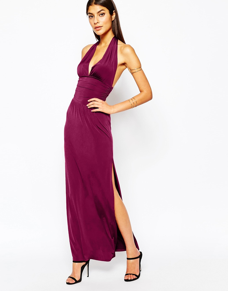 Lyst - Club l Halter Ruched Gathered Maxi Dress With Thigh Split in Purple