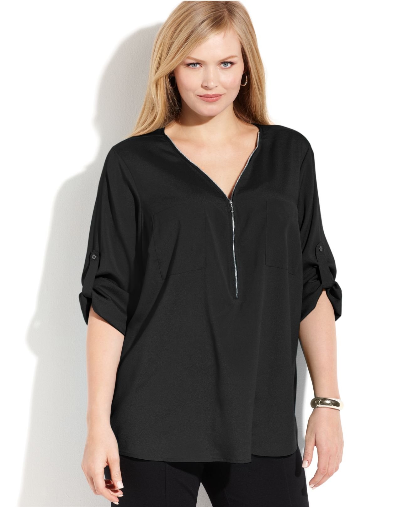 Lyst - Calvin Klein Plus Size Roll-Tab-Sleeve Zip-Front Blouse in Black