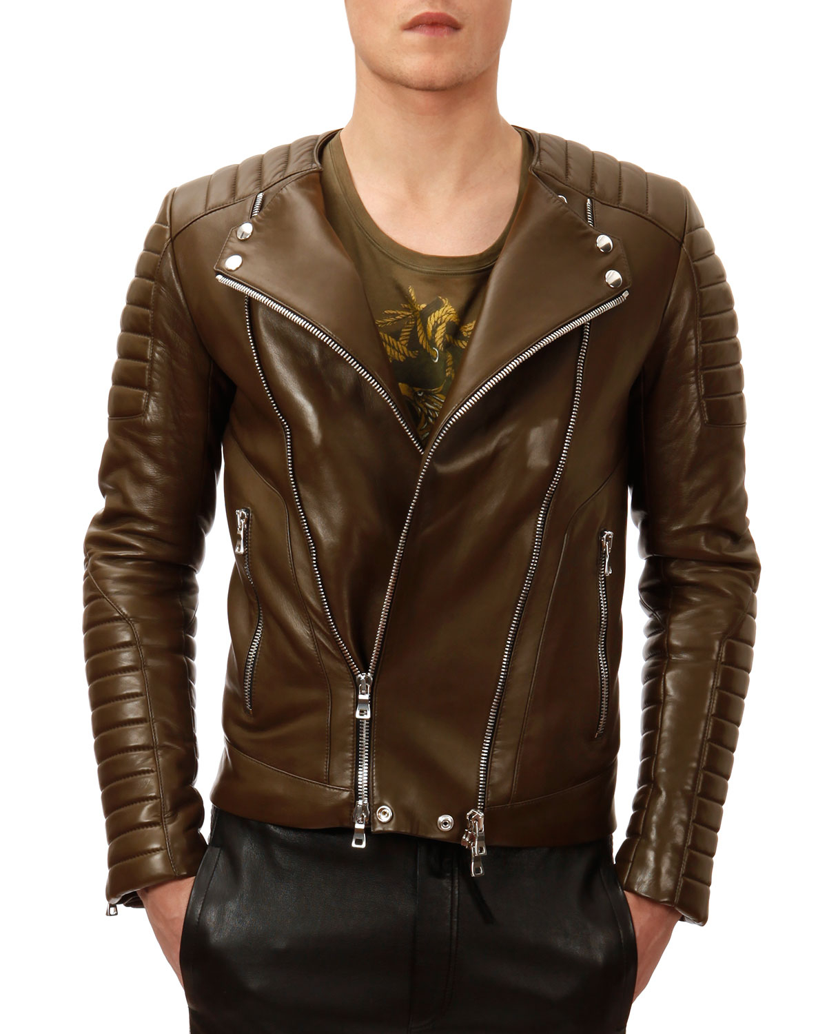 Balmain Collarless Leather Moto Jacket In Natural For Men Lyst Gallery