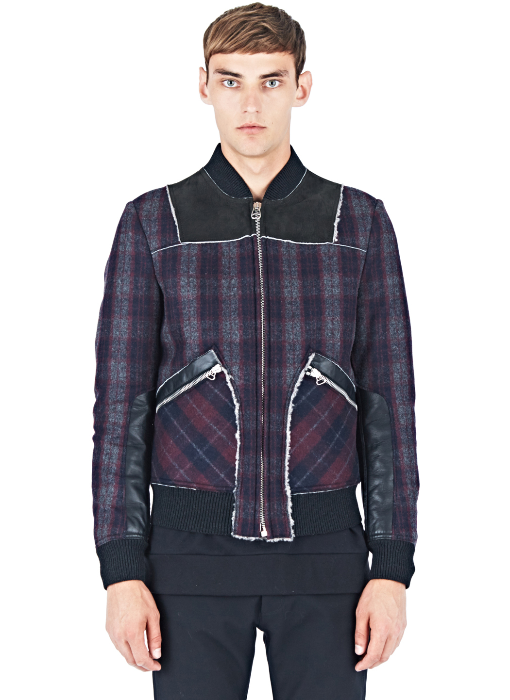 Lanvin Tartan Wool And Leather Shearling Jacket In Blue For Men Lyst Gallery