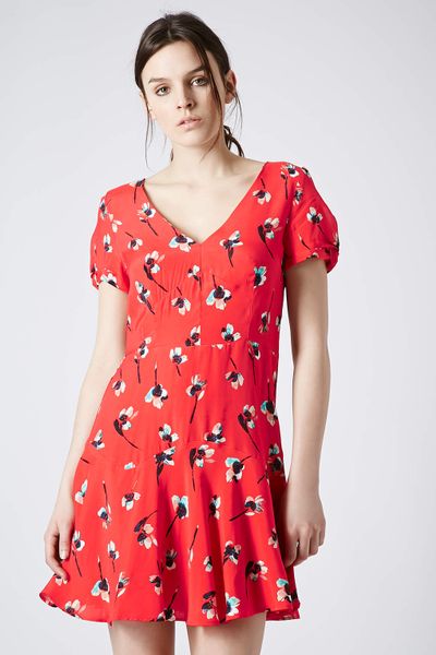 Topshop Painted Floral Dress in Red