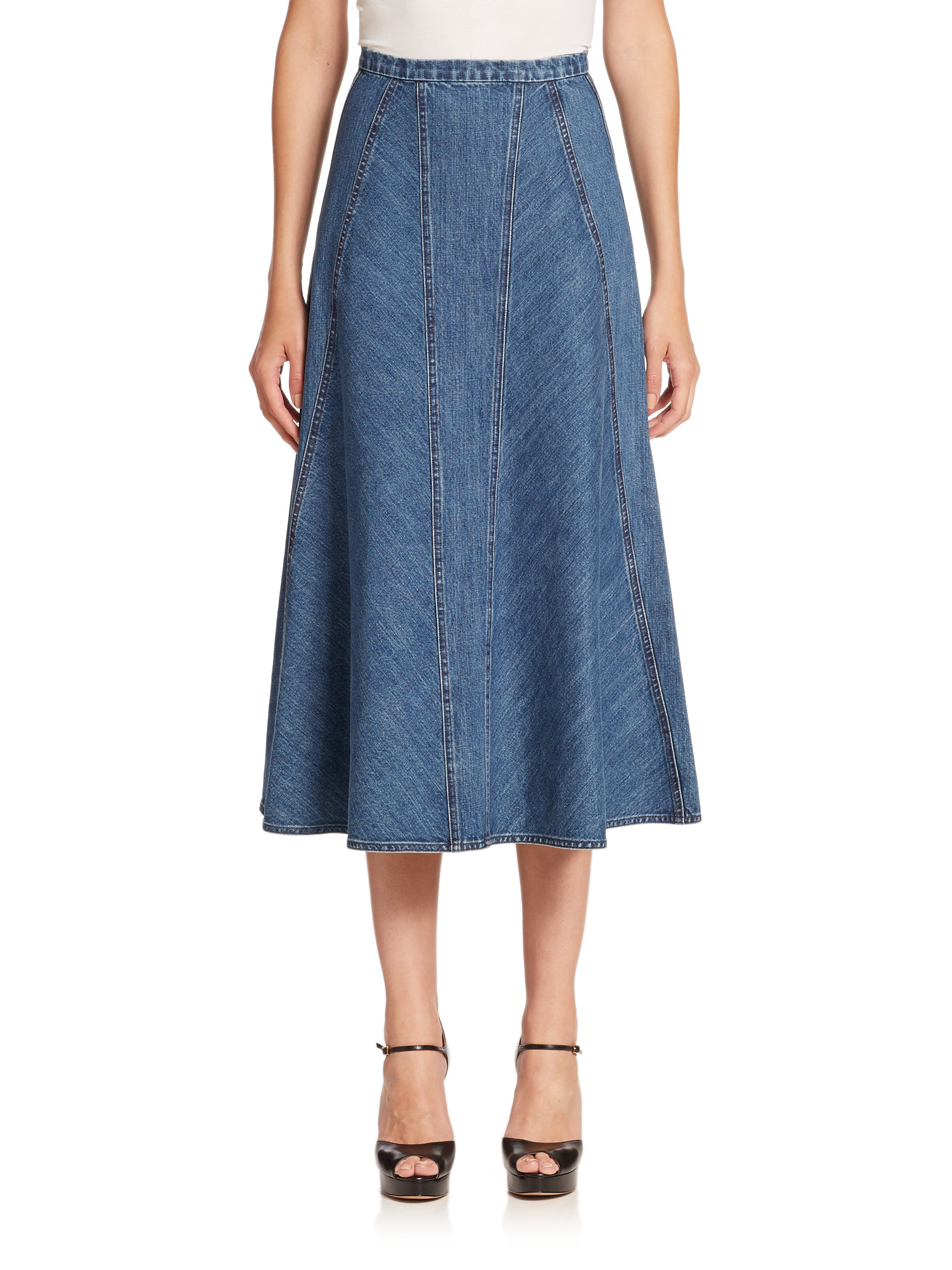 Michael kors Seamed Denim Midi Skirt in Blue | Lyst