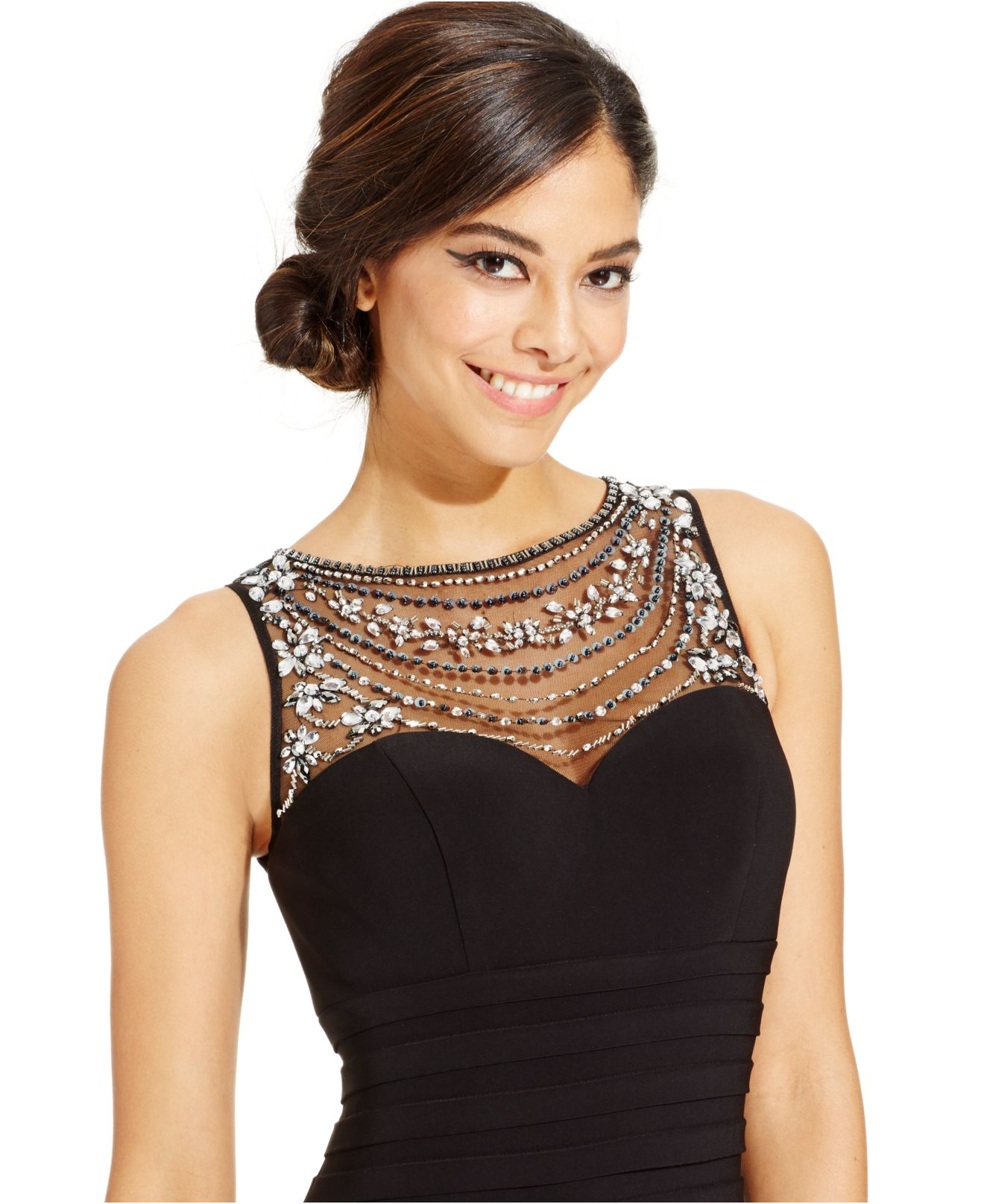 Patra Bodycon Dress With Beaded Illusion Neckline in Black Lyst