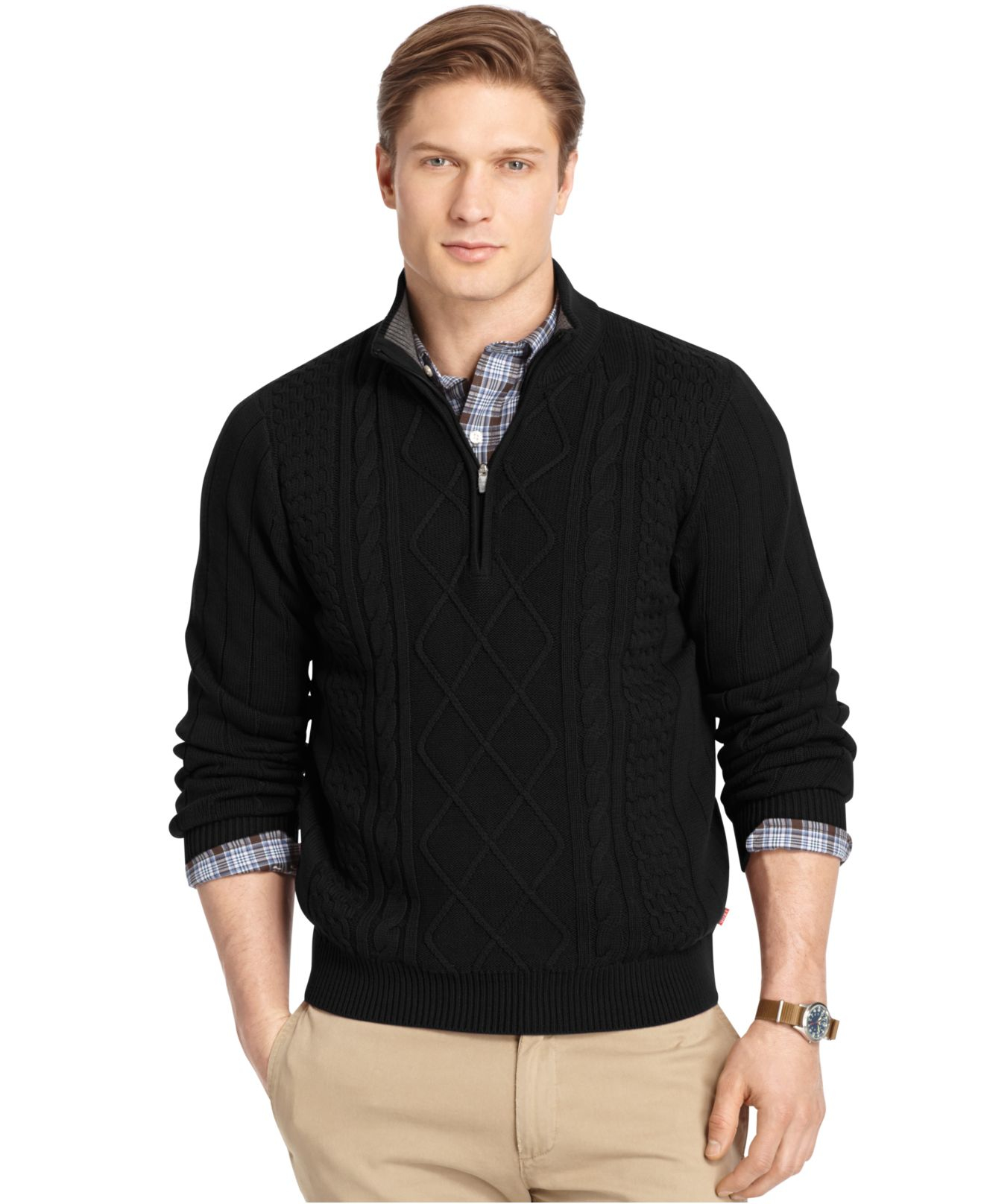 Izod Quarter-zip Cable Sweater in Black for Men | Lyst