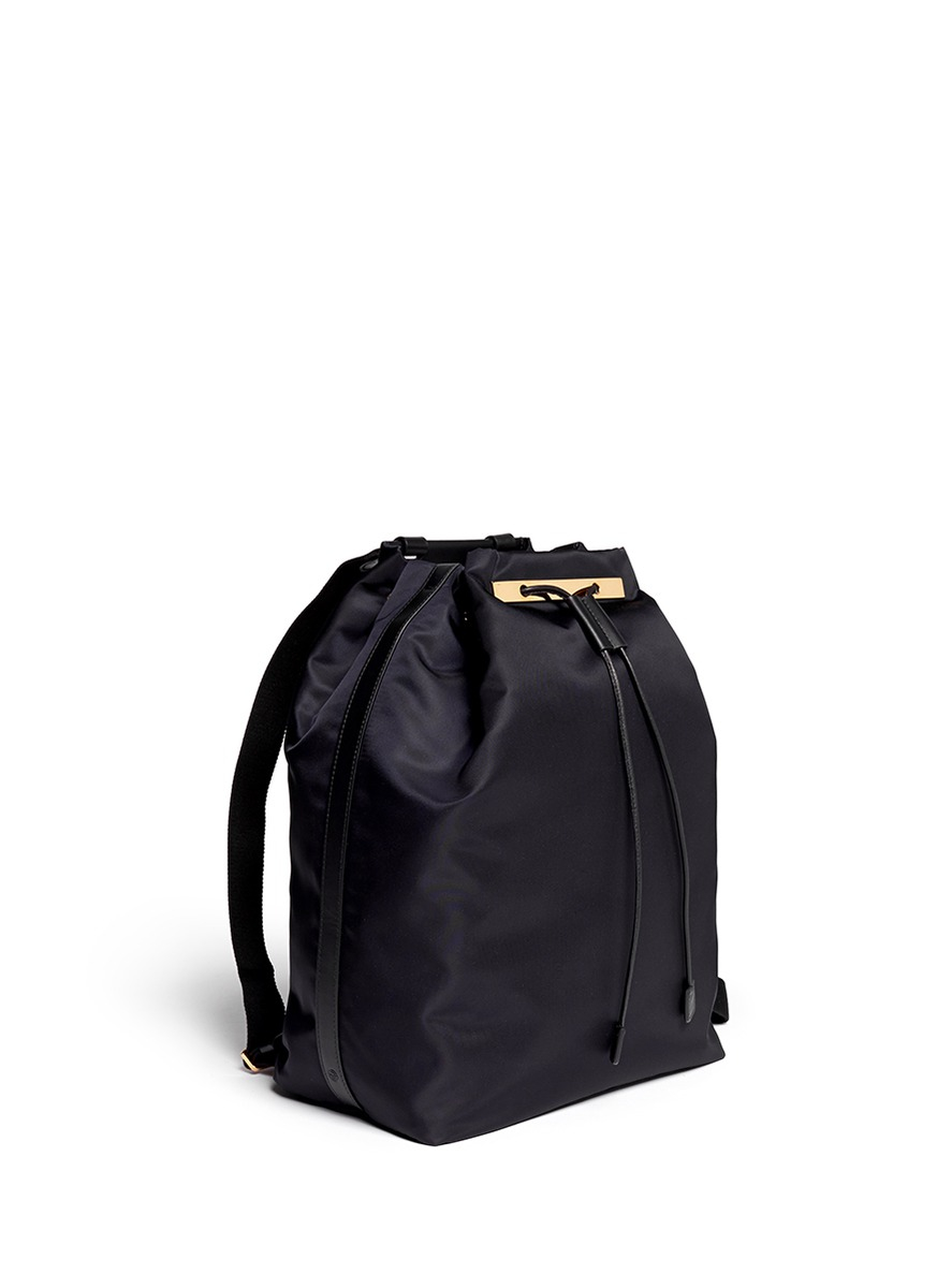 The row Leather Trim Nylon Drawstring Backpack in Black (Black ...