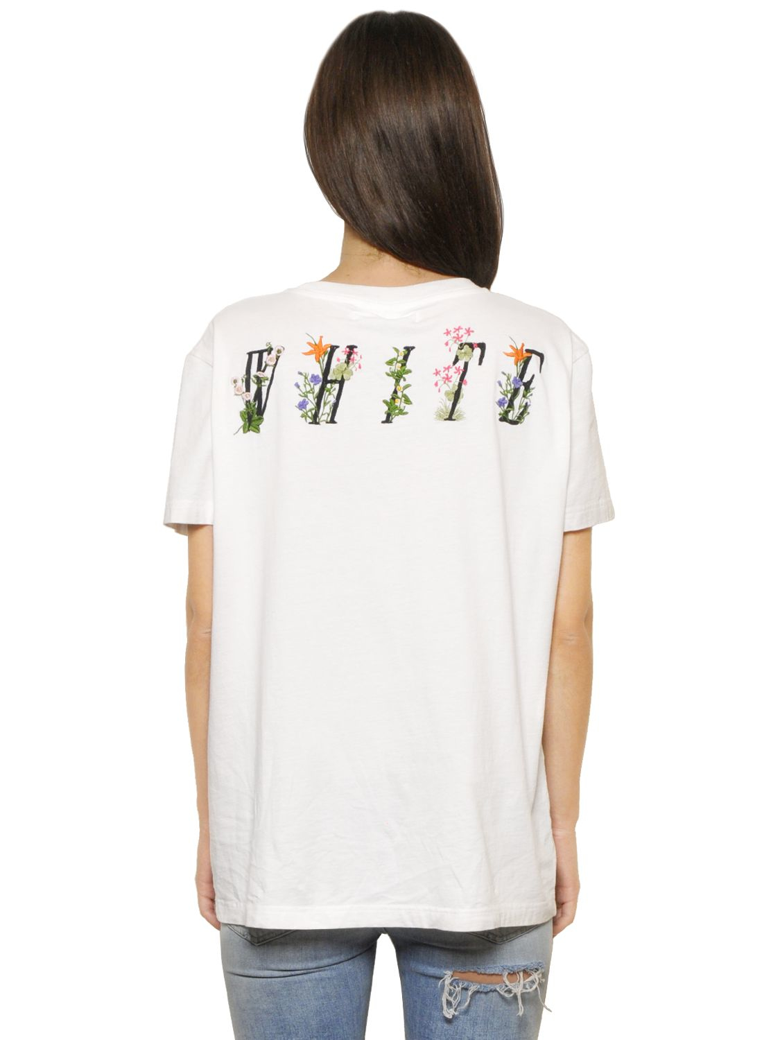 OffWhite c/o Virgil Abloh Flower Embroidered Cotton Jersey Tshirt in