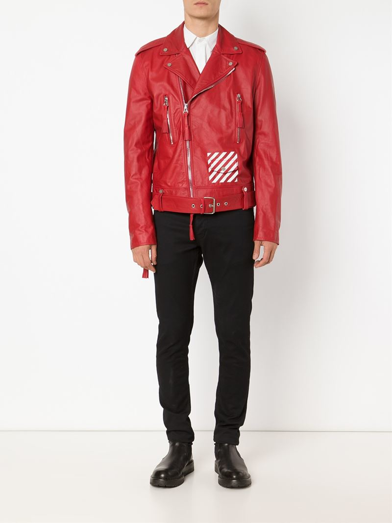 Off White C O Virgil Abloh Tassel Detail Biker Jacket In Red For Men Gallery