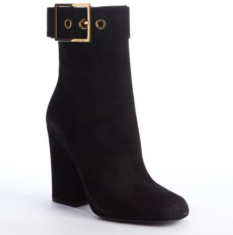 Gucci Black Suede Gold Buckle Detail Heel Boots in Black | Lyst