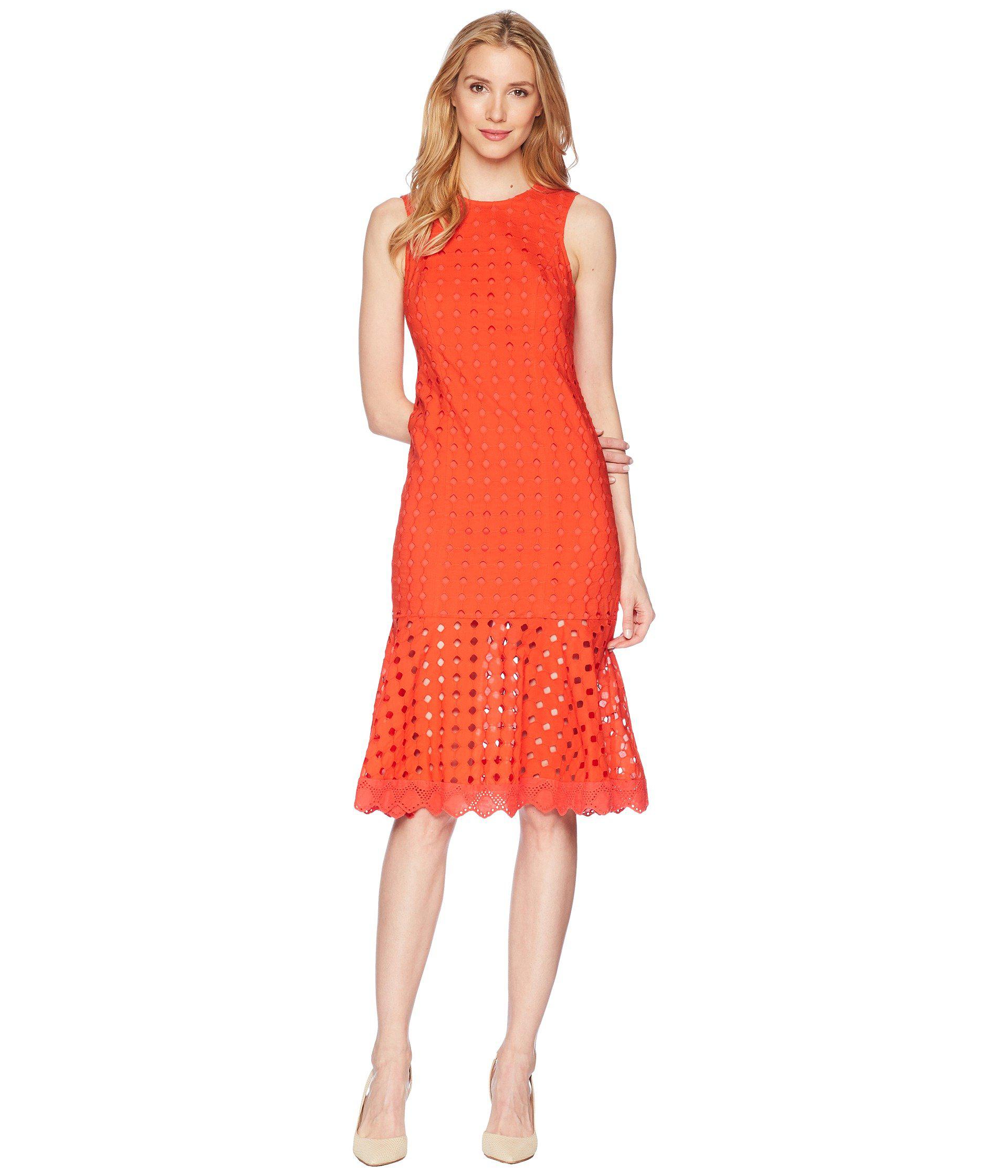 Lyst Donna Morgan Sleeveless Eyelet Midi Dress With Flounce Skirt Donna Morgan Women S Red Sleeveless Eyelet Midi Dress