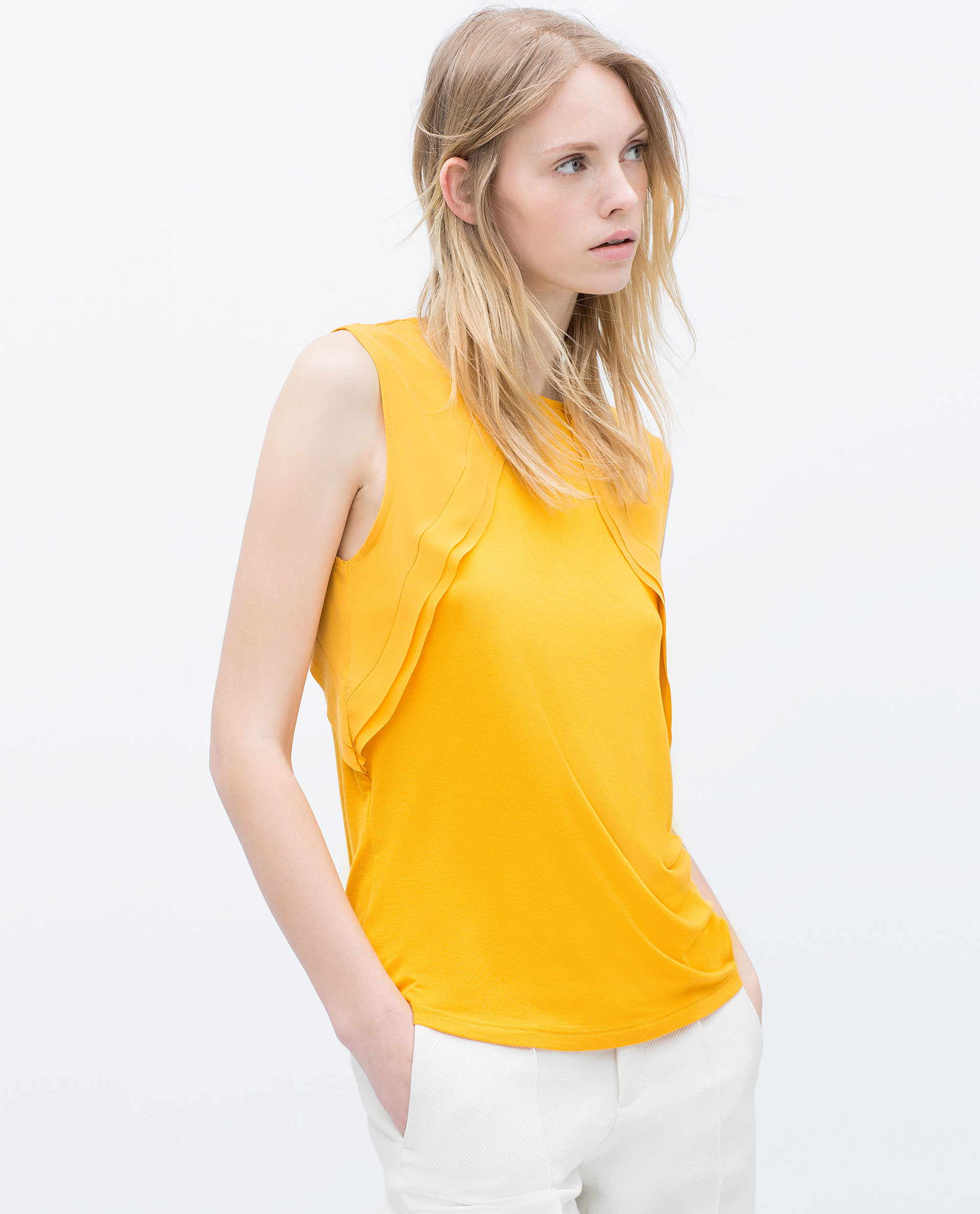  Zara  T Shirt  With Frill  On Sleeves in Yellow Mustard Lyst