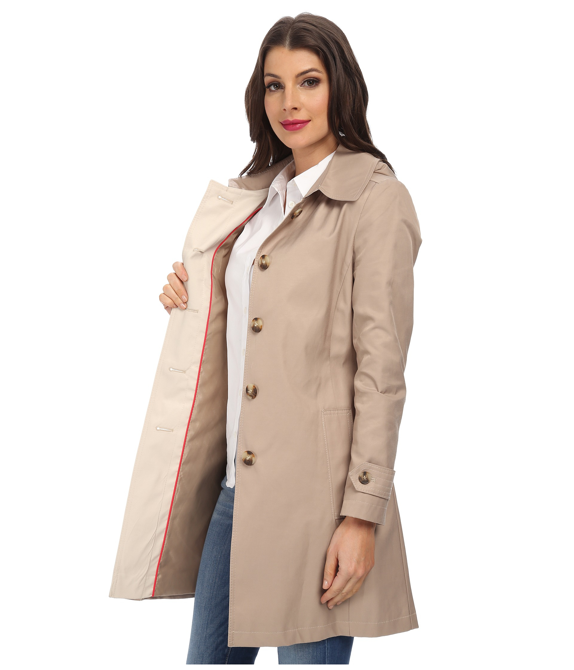 Dkny Single Breasted Hooded Belted Trench Coat In Natural Lyst
