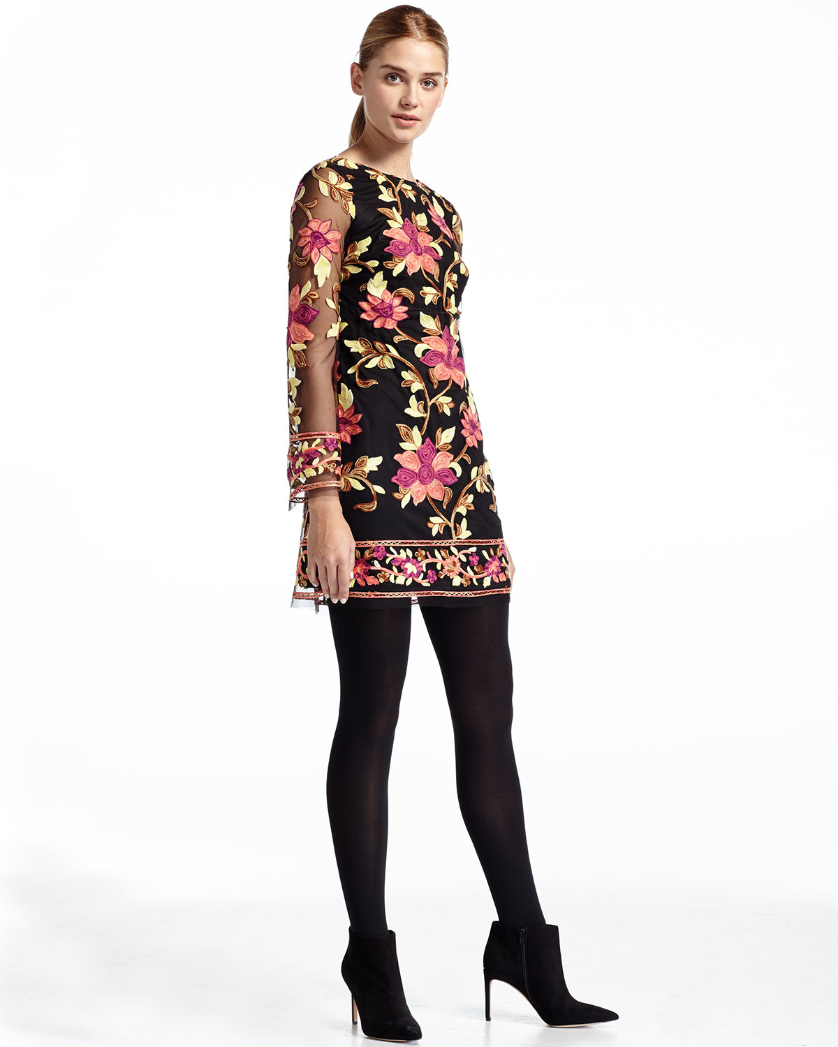 Lyst - Neiman Marcus Floral-embroidered Long-sleeve Dress