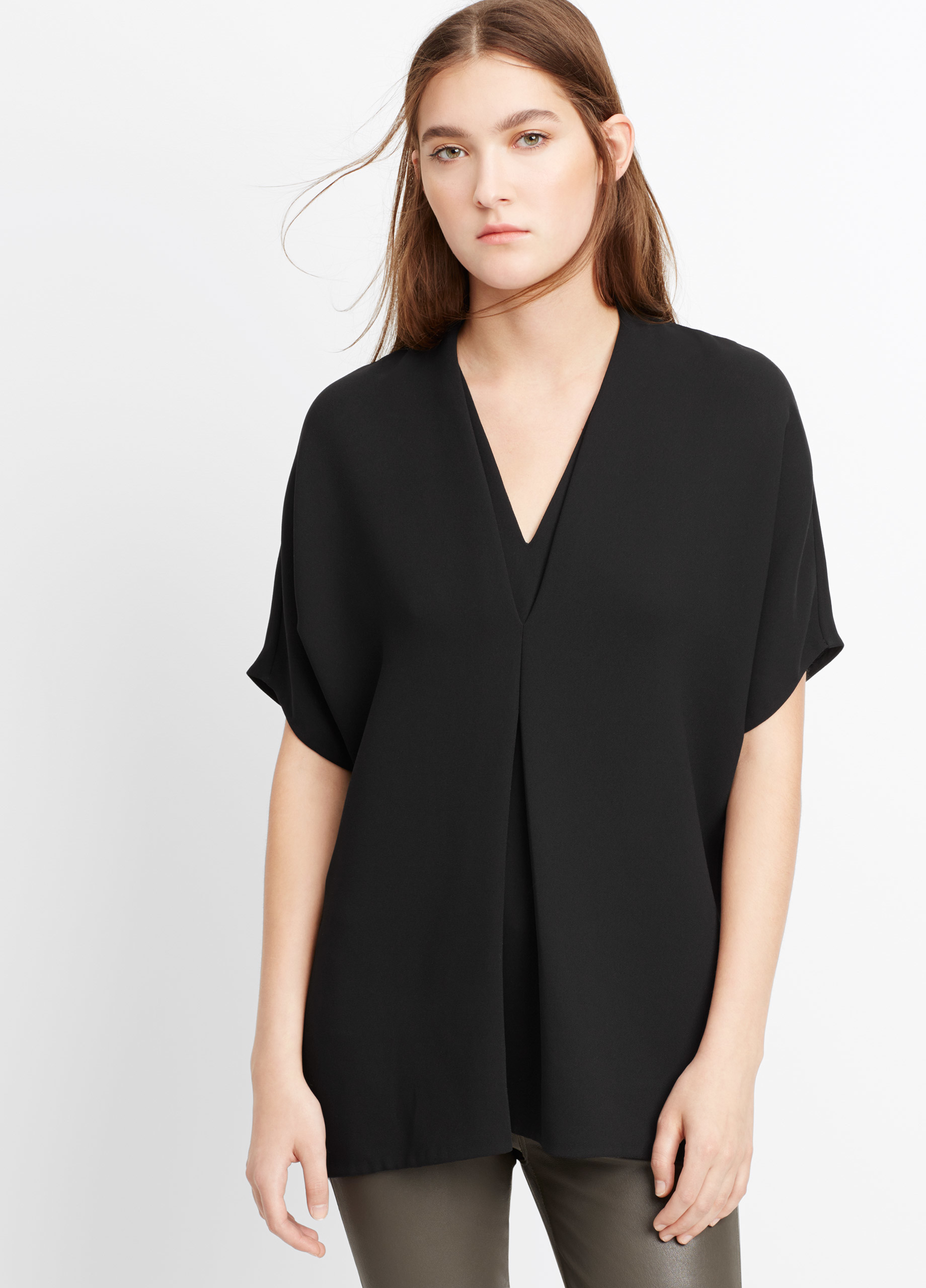 Lyst Vince Short Sleeve Crepe Double V Neck Blouse In Black 