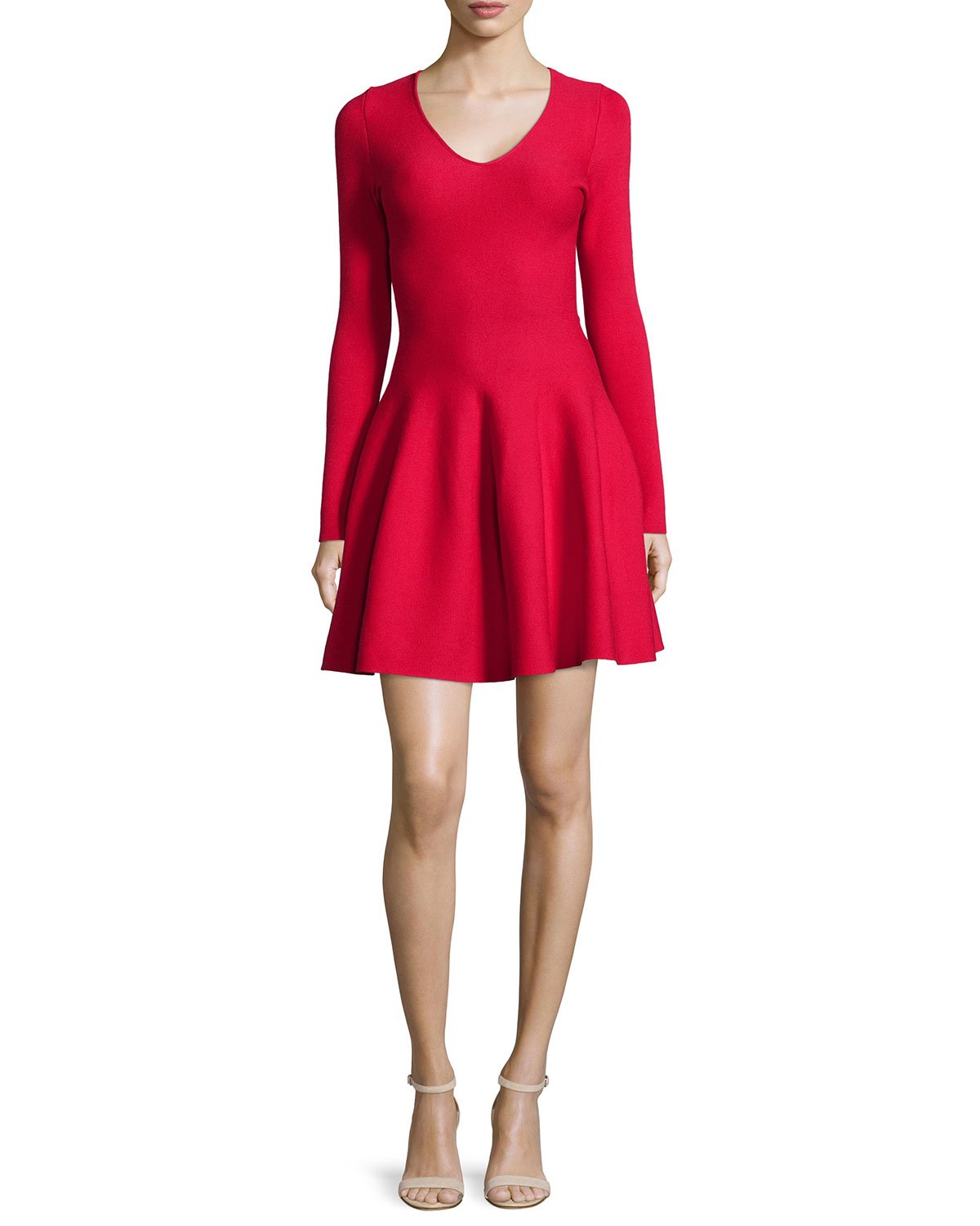 Lyst Rvn Long Sleeve Fit And Flare Dress In Red 9623