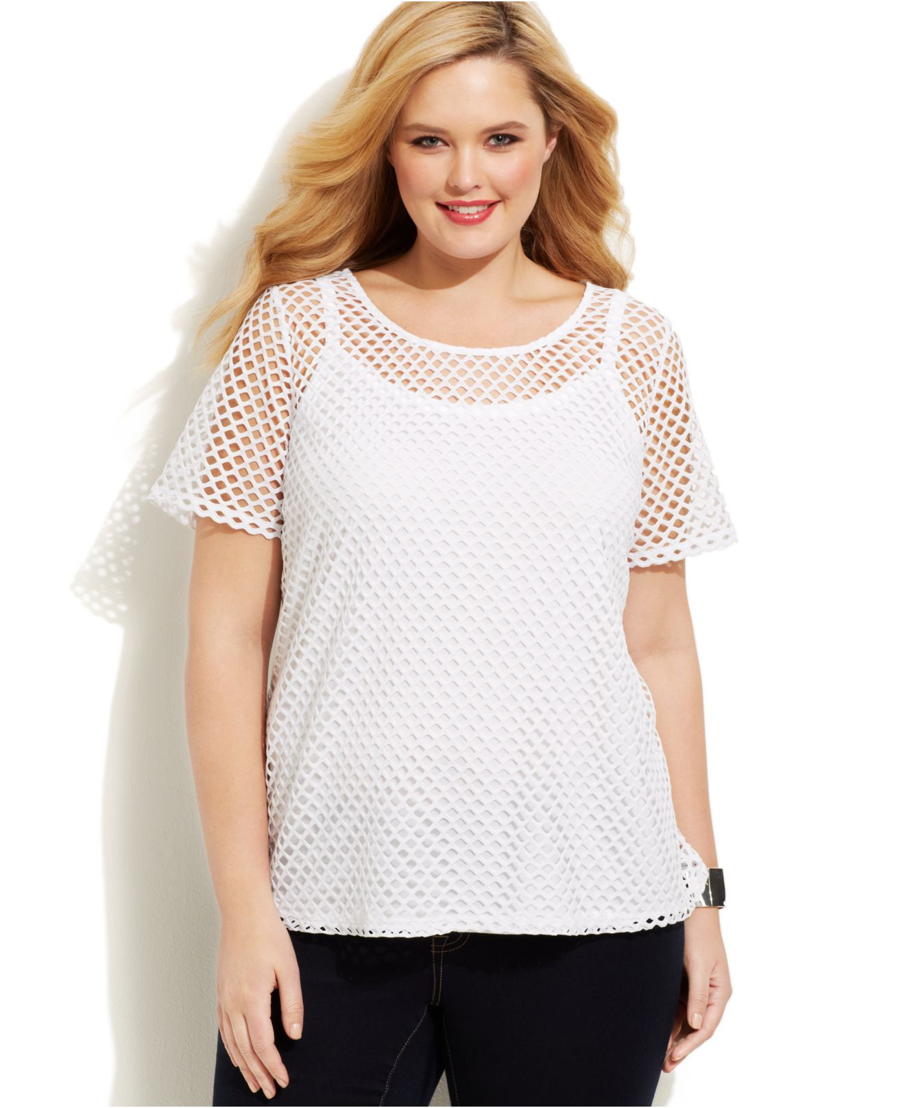 Inc international concepts Plus Size Short-Sleeve Mesh Top in White | Lyst