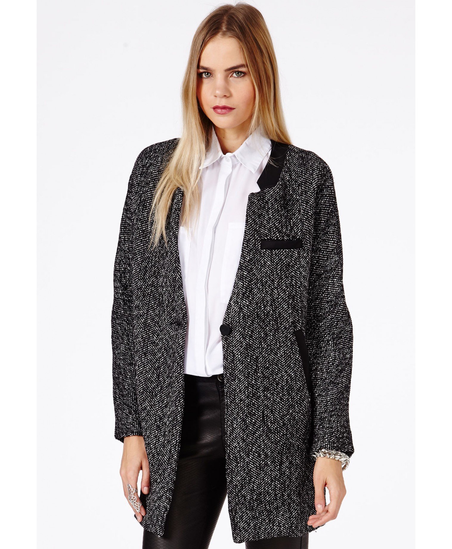 Missguided Petera Tweed Boyfriend Coat with Faux Leather Trim in