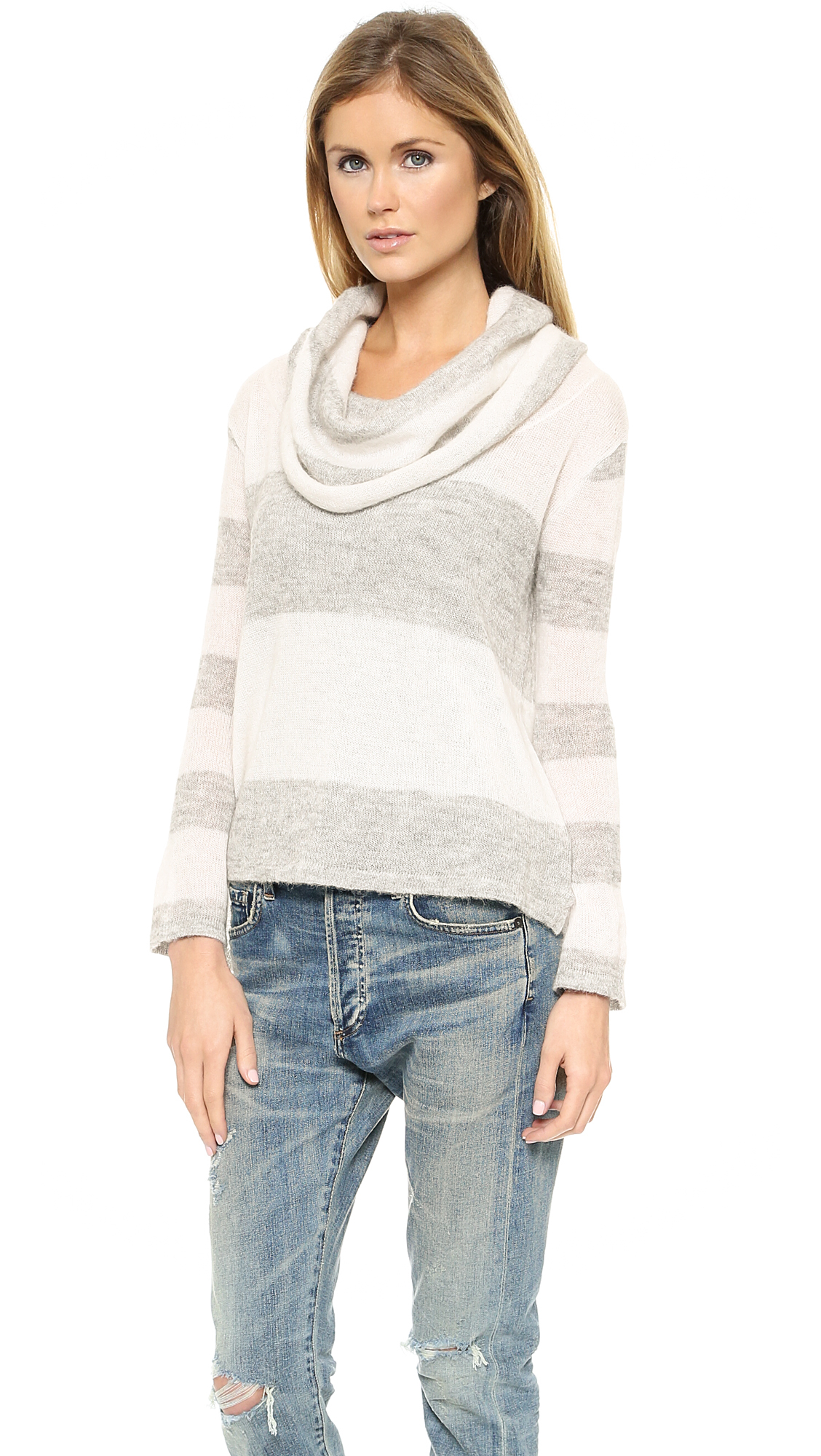 Lyst - Free people Lulu Rugby Stripe Cowl Sweater Ivorygrey Combo in Gray