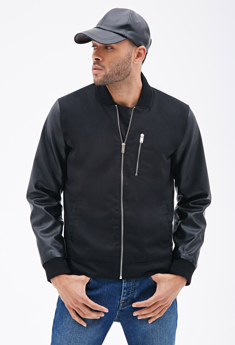 Forever 21 Vegan Leather Sleeved Er Jacket In Black For Men Lyst Gallery