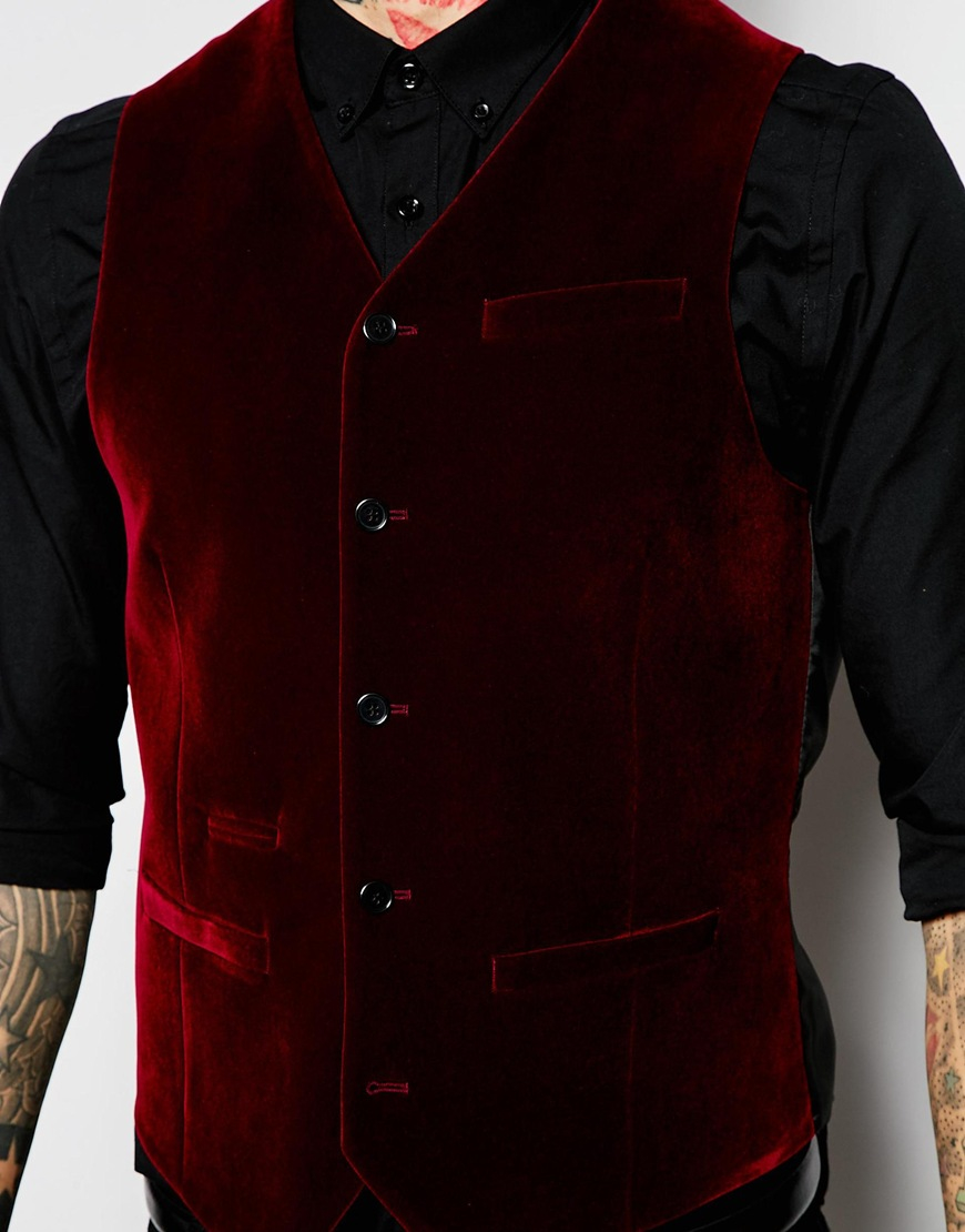 ASOS Slim Waistcoat In Velvet in Red for Men Lyst