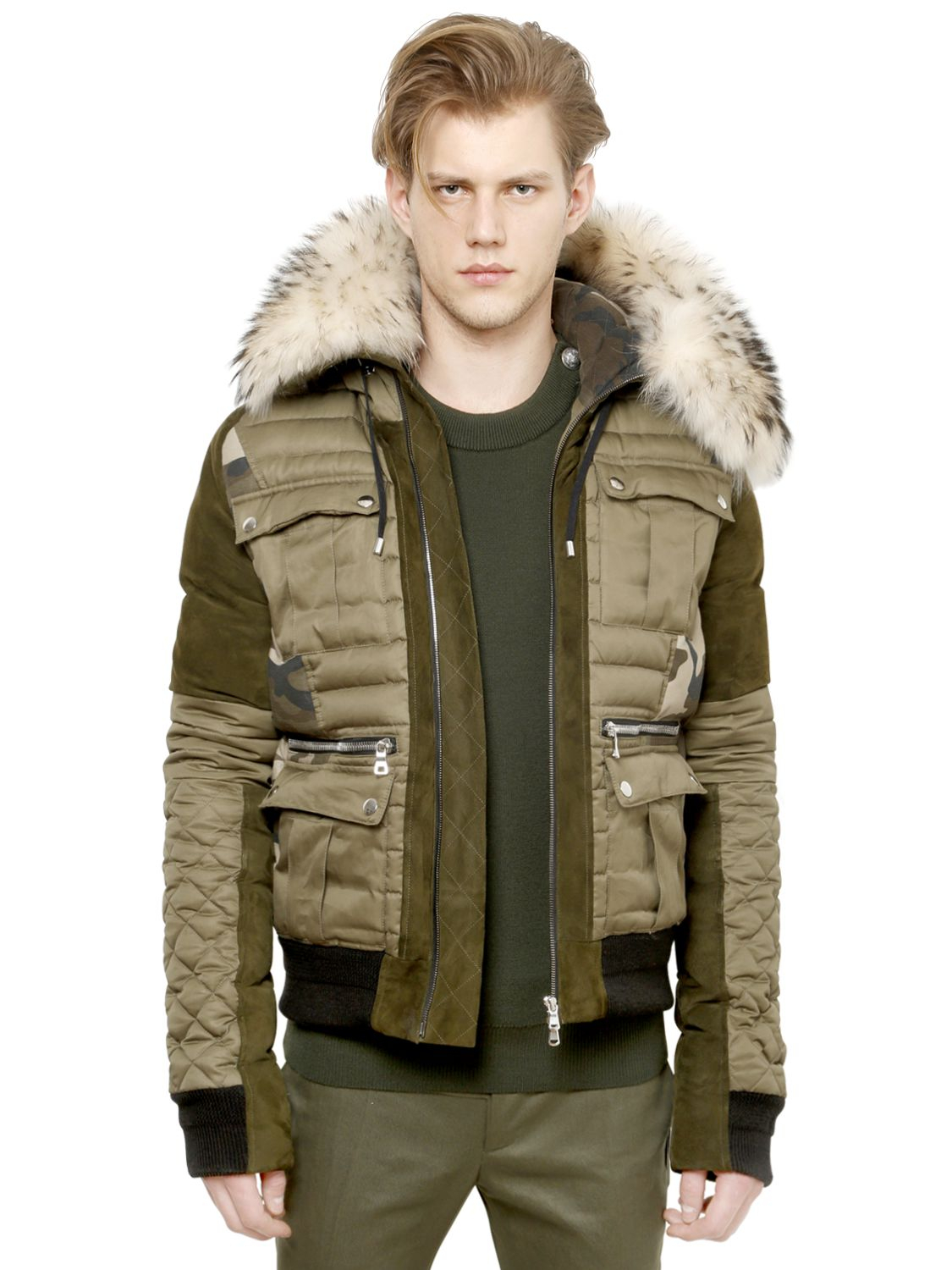 Lyst - Balmain Hooded Cotton Canvas Suede Down Jacket in Green for Men