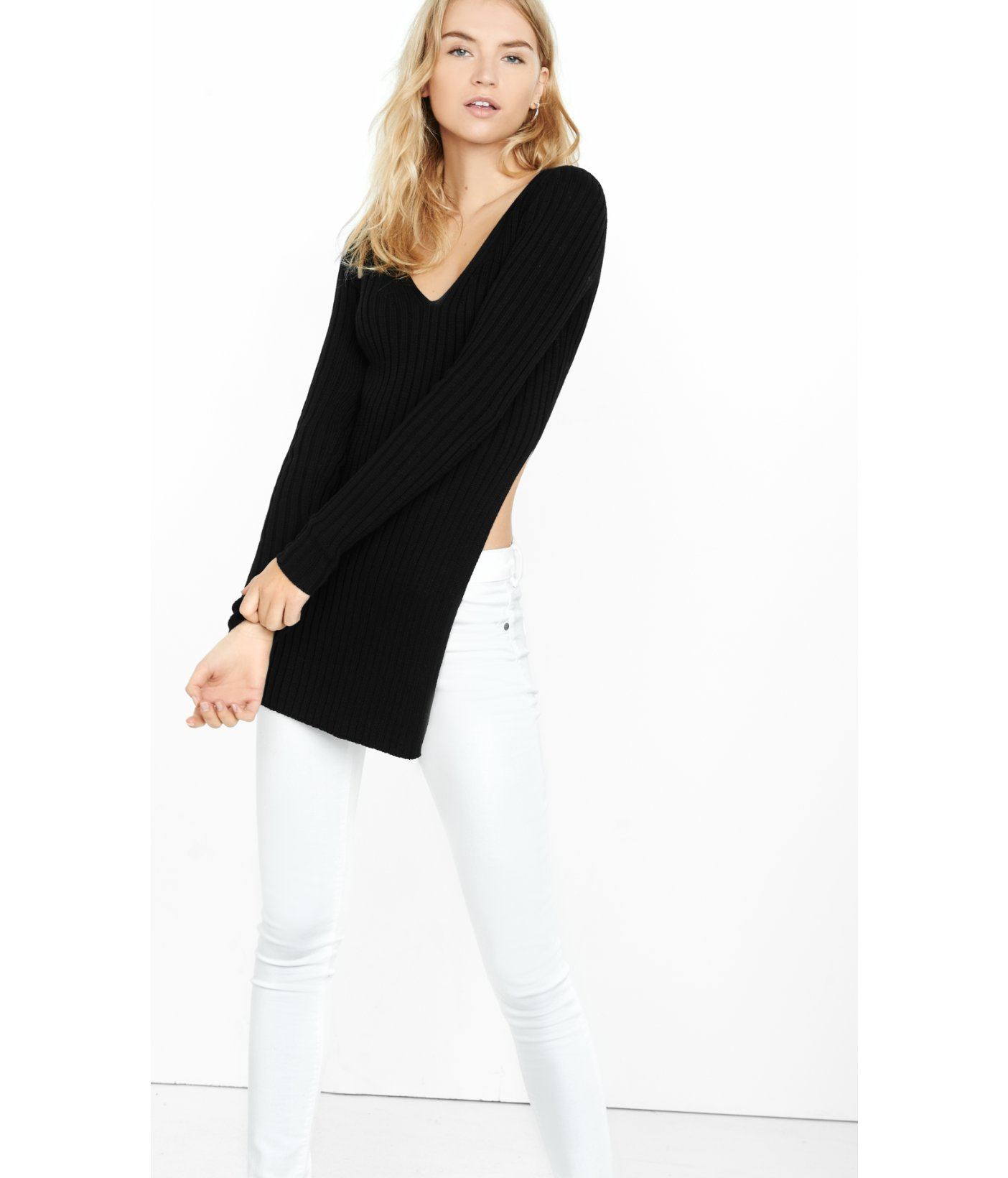Express Ribbed Deep V-neck High Slit Tunic Sweater in Black | Lyst