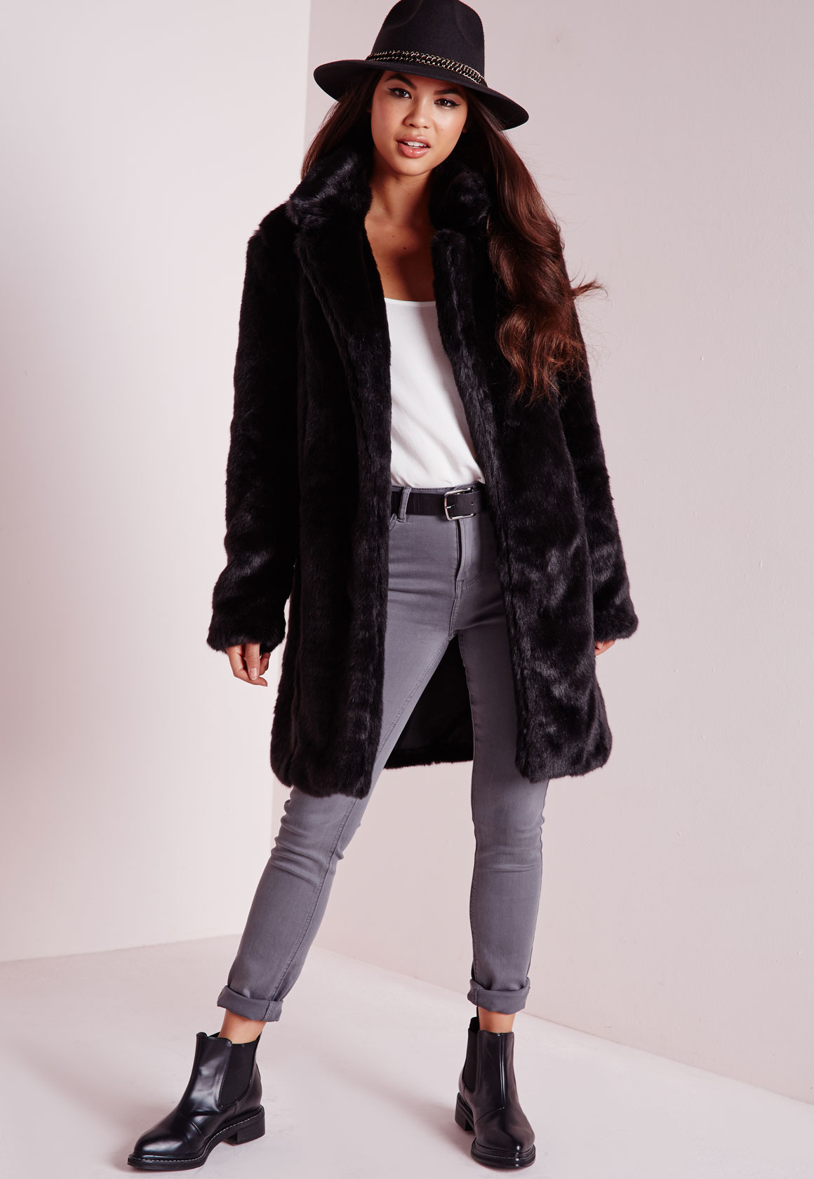 Missguided Faux Fur Longline Coat In Pink Lyst Asos Pink Faux Fur Coat Crop
