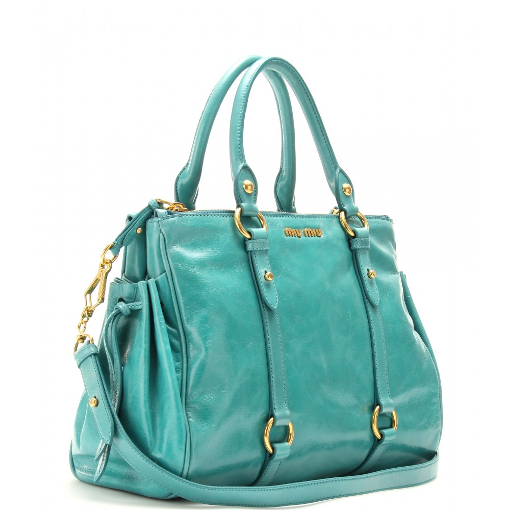 Lyst Miu Glazed Leather Tote In Blue Gallery