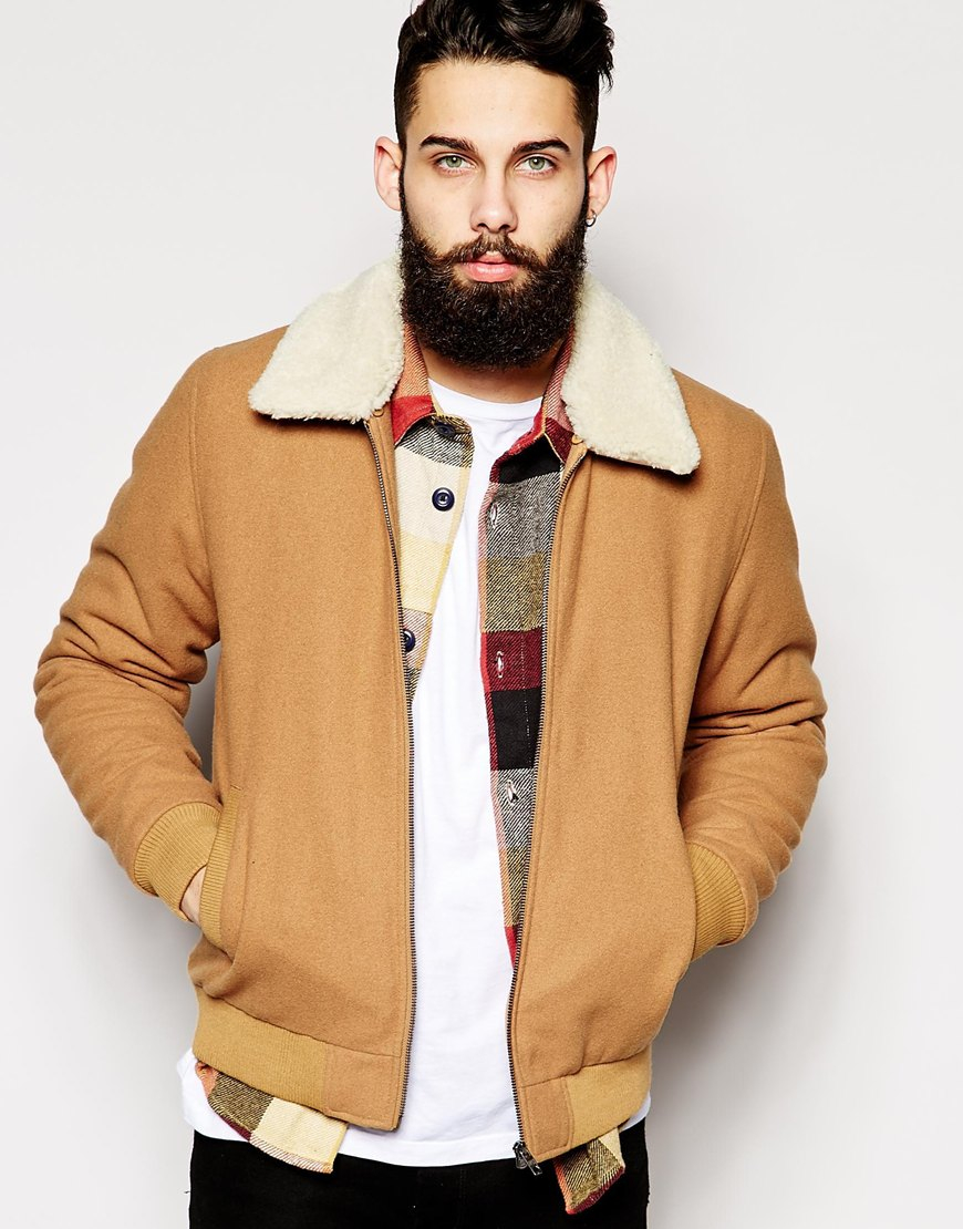 Lyst - Asos Wool Harrington Jacket With Fleece Collar in Brown for Men