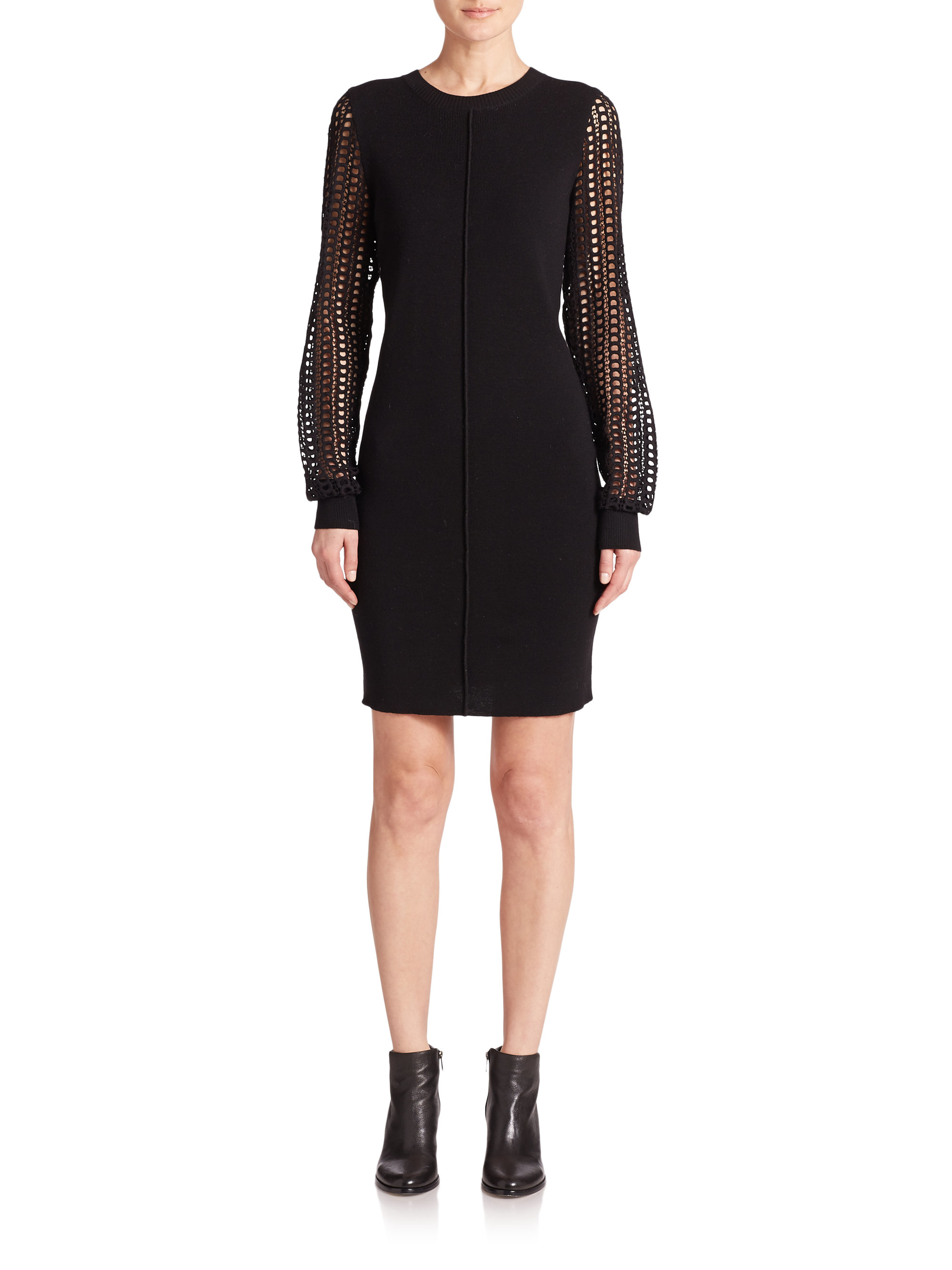 Lyst See By Chloé Wool & Cotton Crochetsleeve Sweater Dress in Black