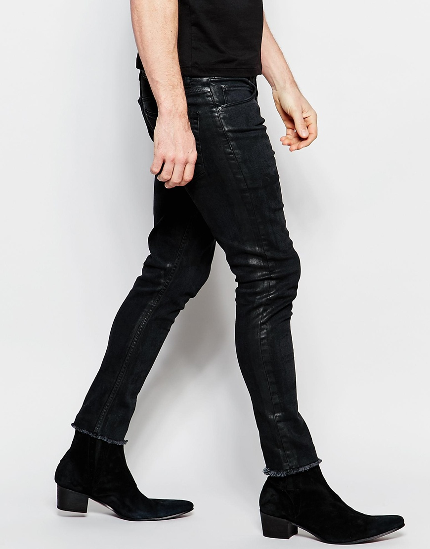 Lyst - Asos Super Skinny Jeans In Black With Coated Oil Wash - Black in ...