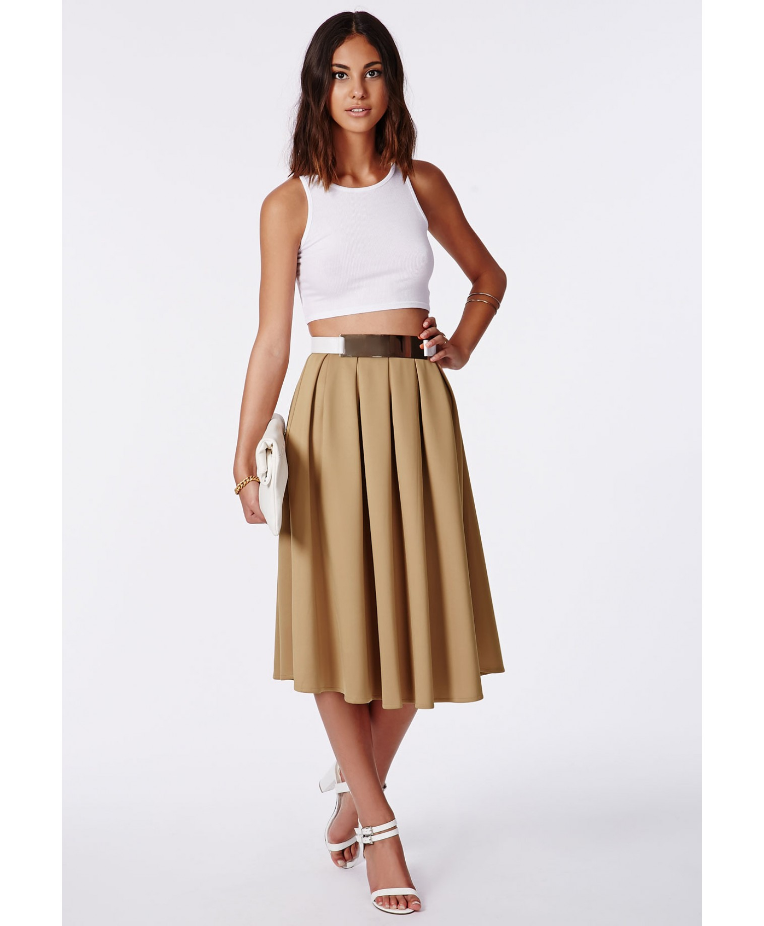 Missguided Auberta Pleated Midi Skirt Camel in Brown | Lyst