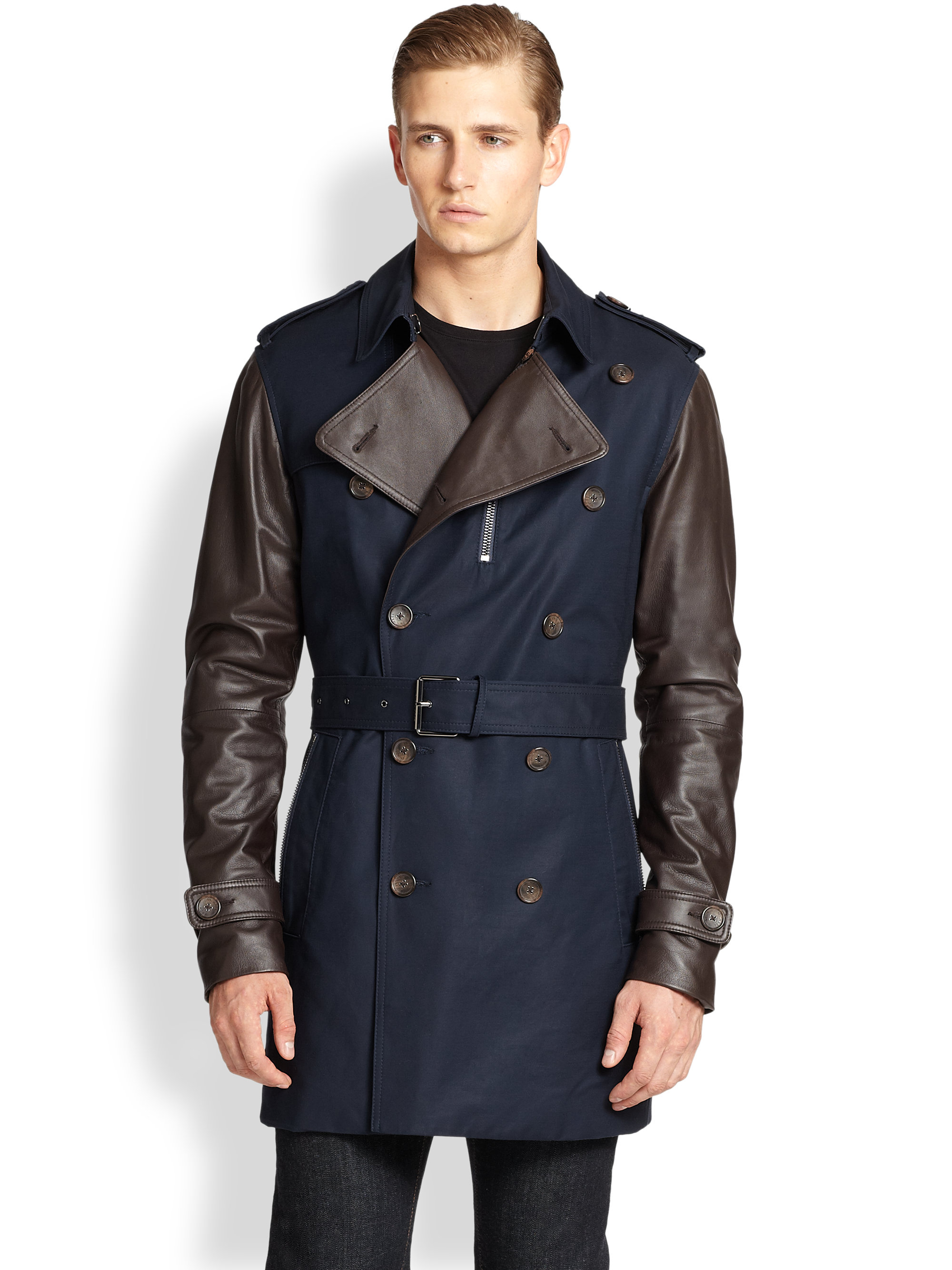 Lyst - Michael Kors Stretch Leather Trench Coat in Blue ...