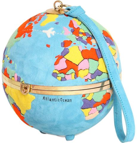 Olympia Le-tan Globe Hand Embroidered Suede Clutch in Blue (LIGHT BLUE ...