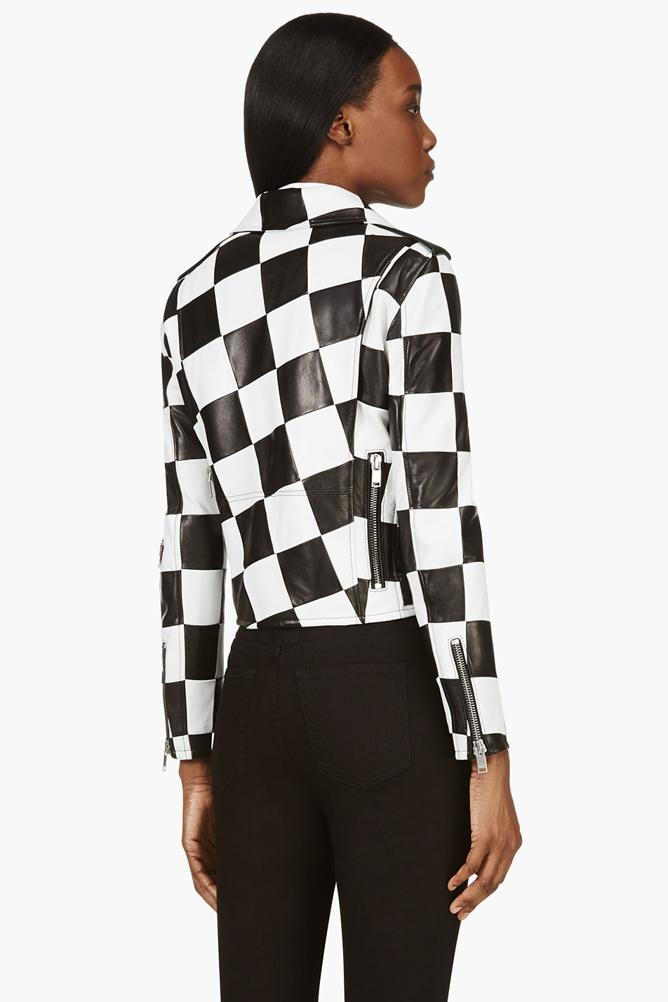 Saint Lau Black And White Leather Intarsia Check Biker Jacket In Gallery