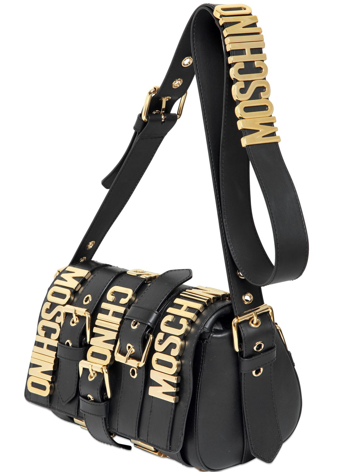 Lyst - Moschino Logo Lettering Multi Belted Leather Bag in Black