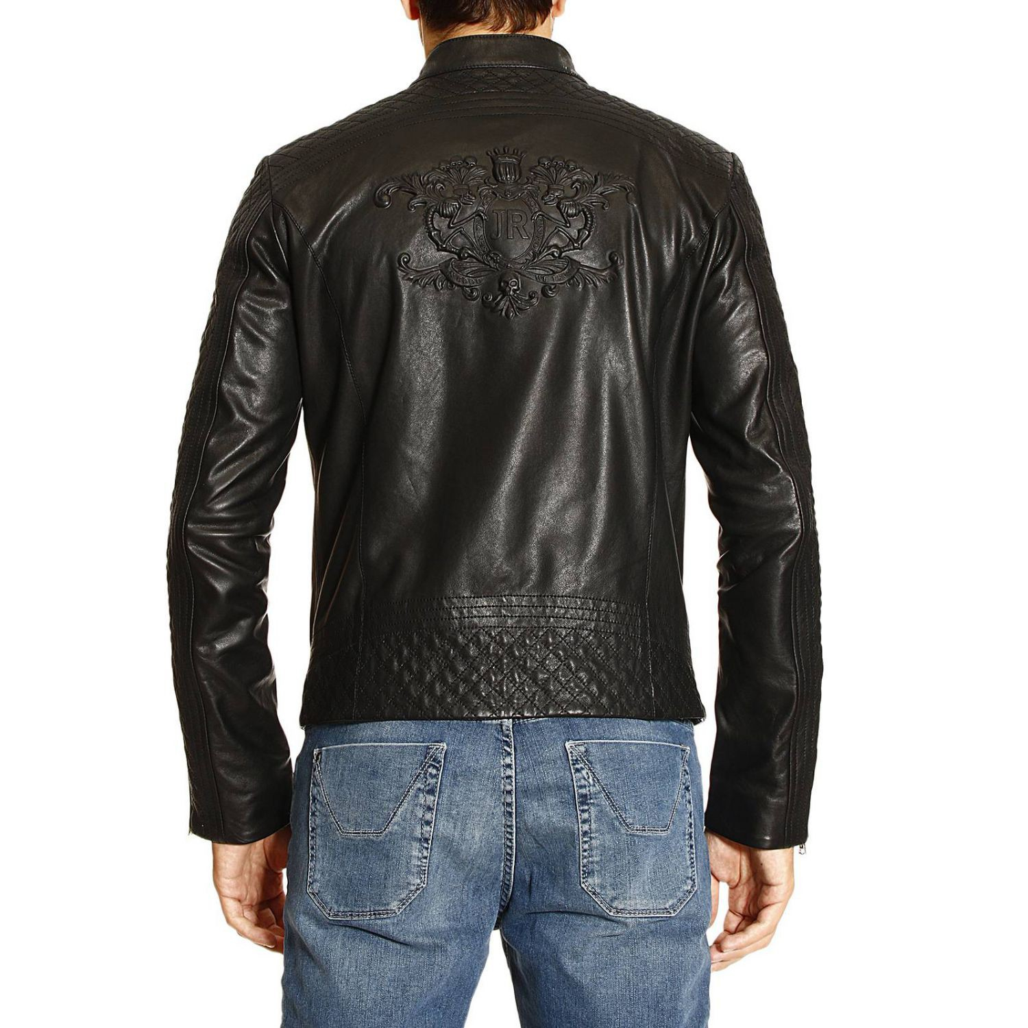 John richmond Down Jacket Biker Leather Sleeves Quilt And Logo in Black ...