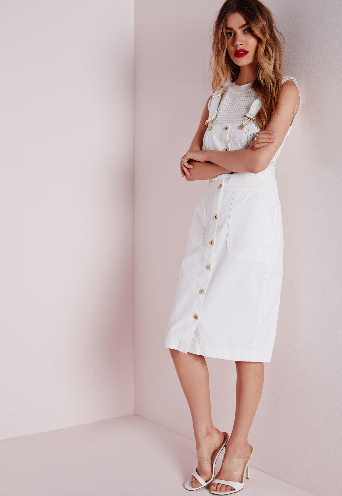 Lyst Missguided Dungaree Denim  Midi Dress  White in White