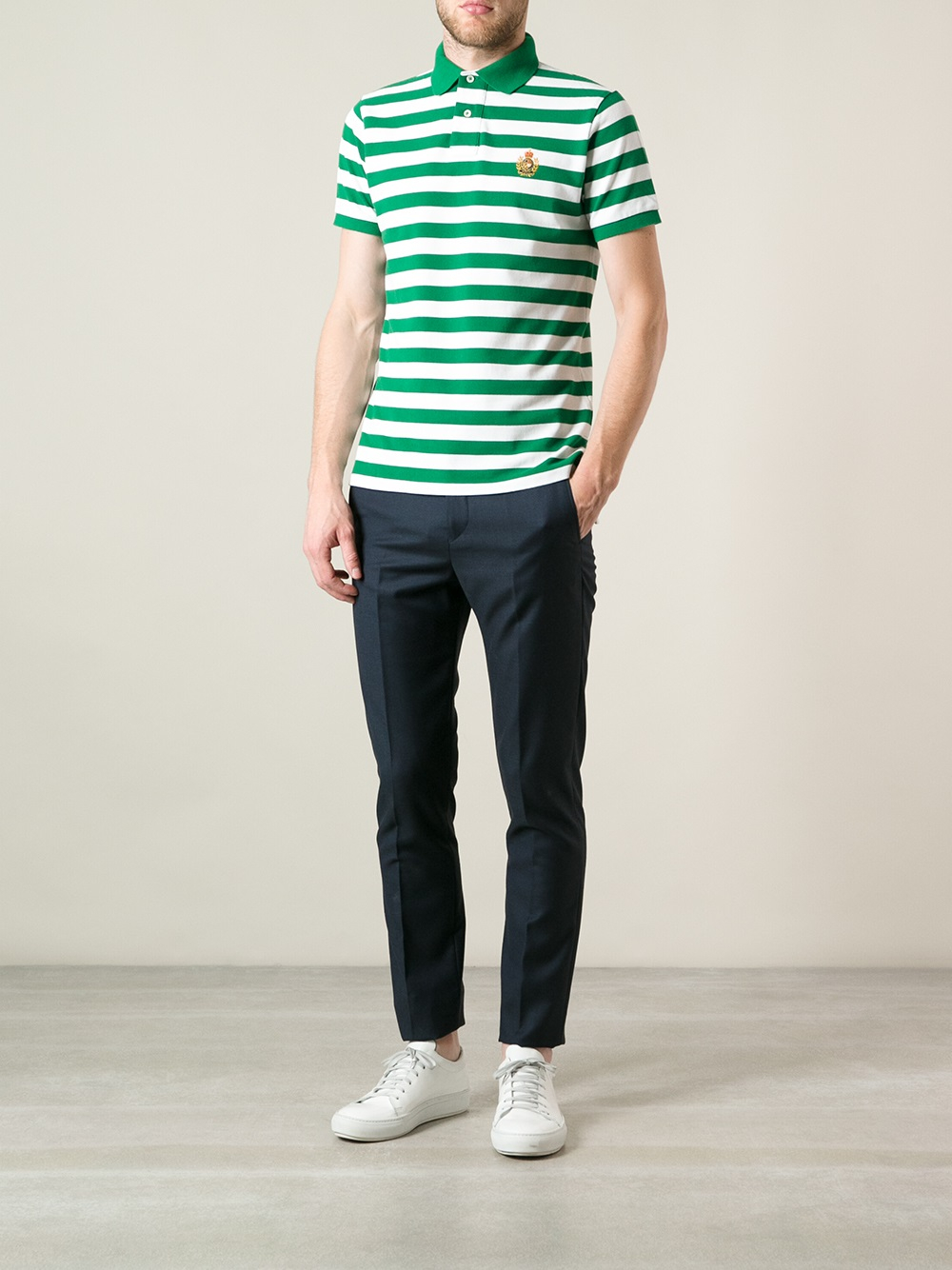 green and white hooped polo shirt