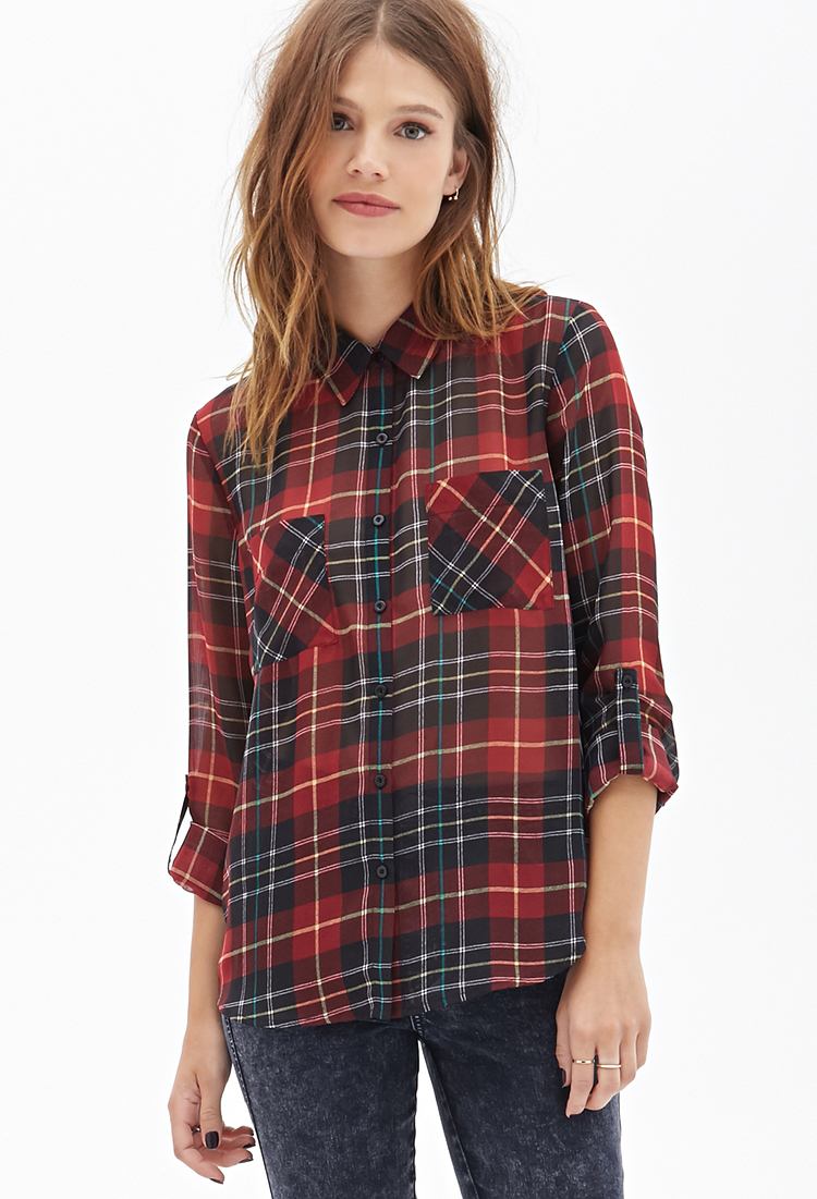 Lyst - Forever 21 Tartan Plaid Chiffon Blouse in Red