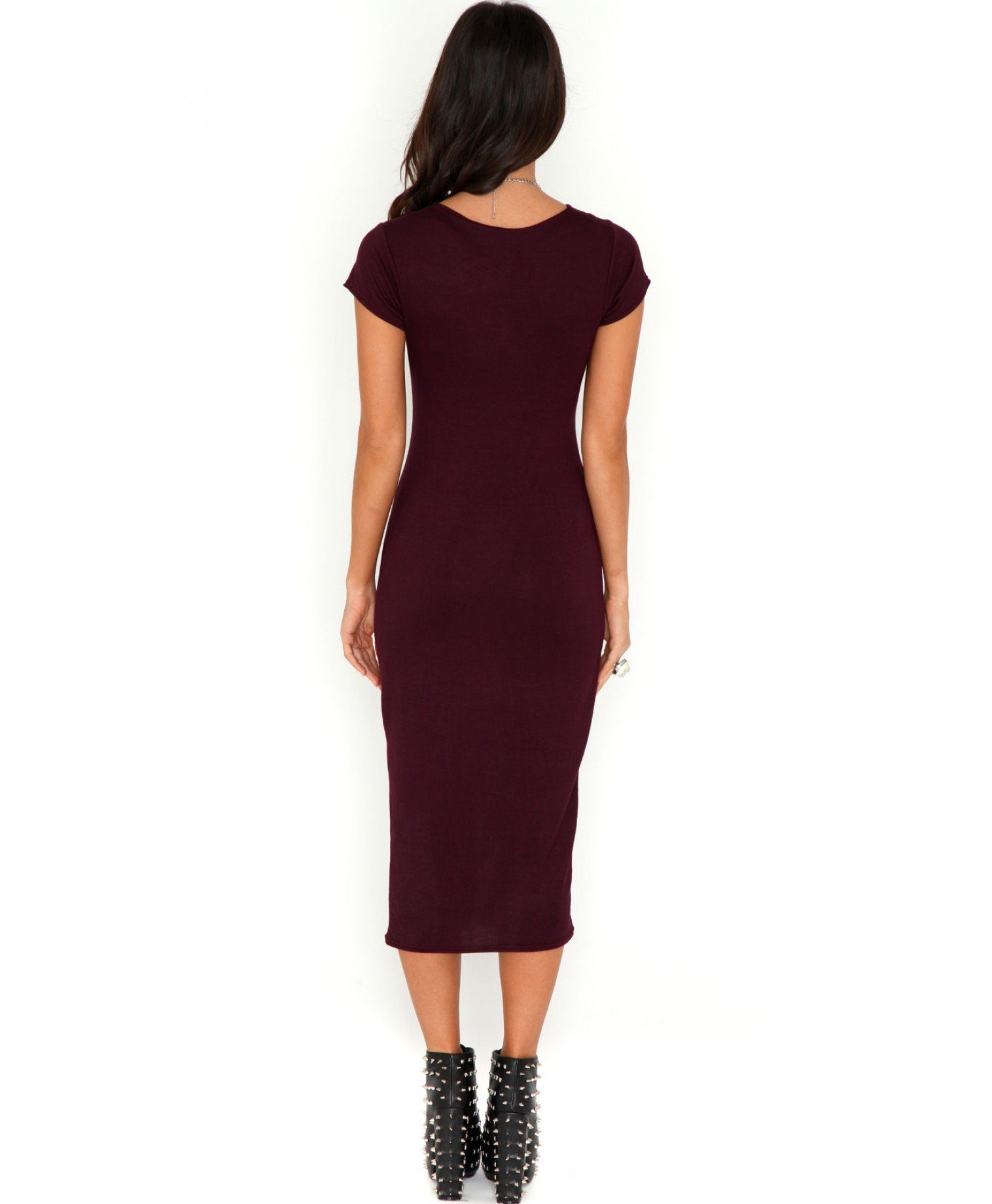 button down bodycon midi dress in burgundy