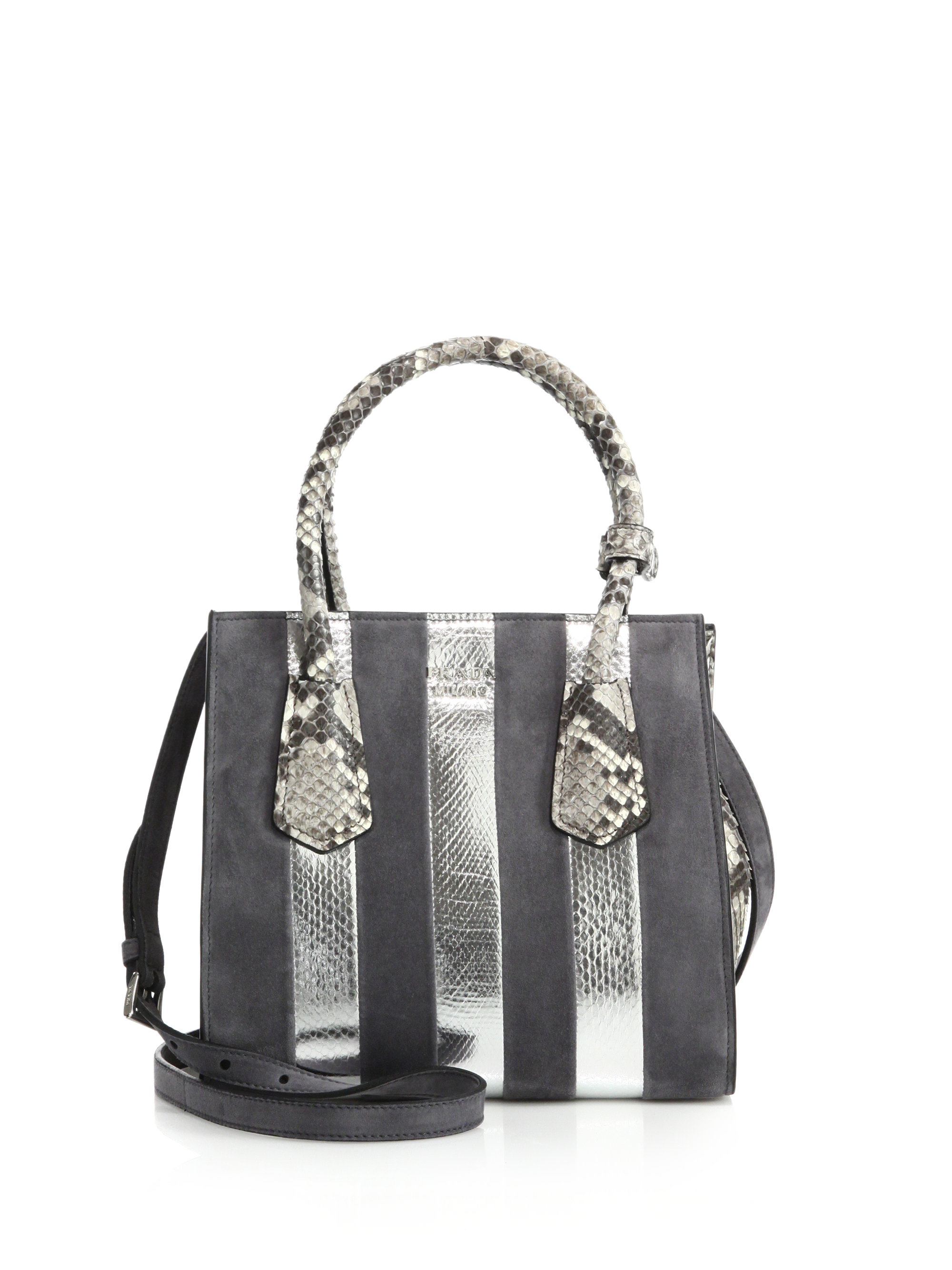 Prada Suede, Python \u0026amp; Ayers Twin Pocket Tote in Gray (grey) | Lyst