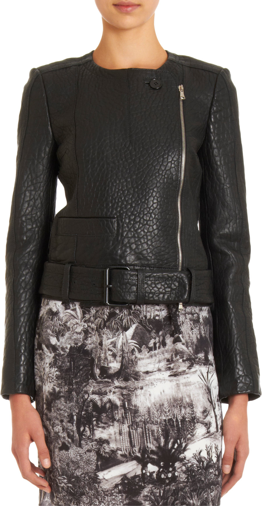 Carven Textured Leather Collarless Moto Jacket In Black Lyst Gallery
